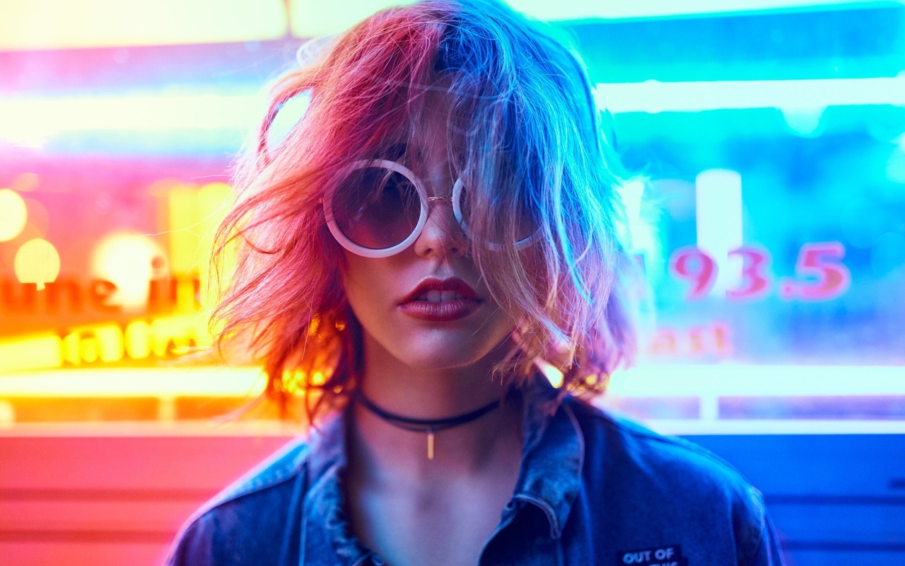 women, women with glasses, sunglasses, choker, blonde, neon, face, portrait, , ,  ,  , , , , 