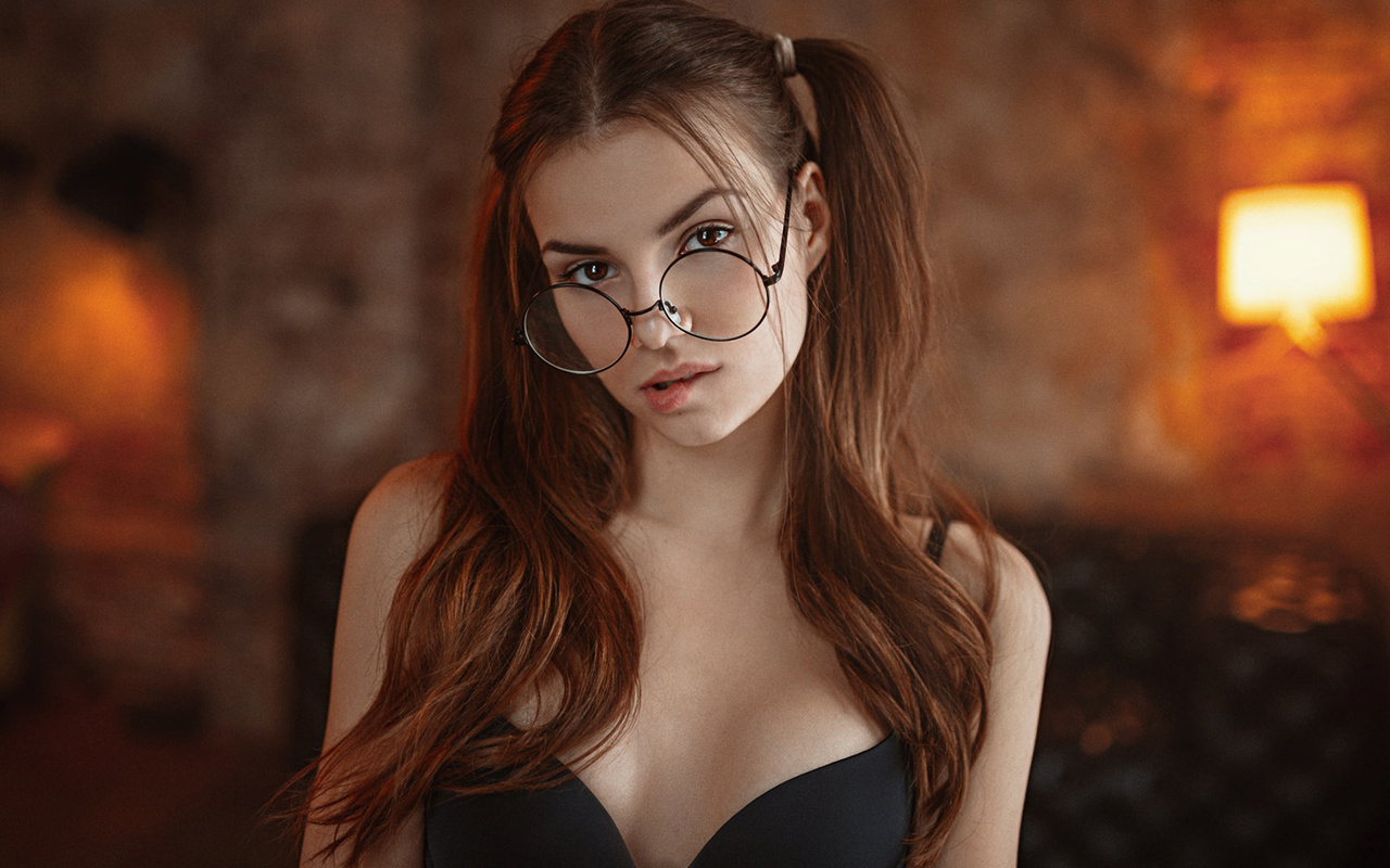 women, georgy chernyadyev, glasses, portrait, black bras, pigtails, depth of field, , , ,  , 