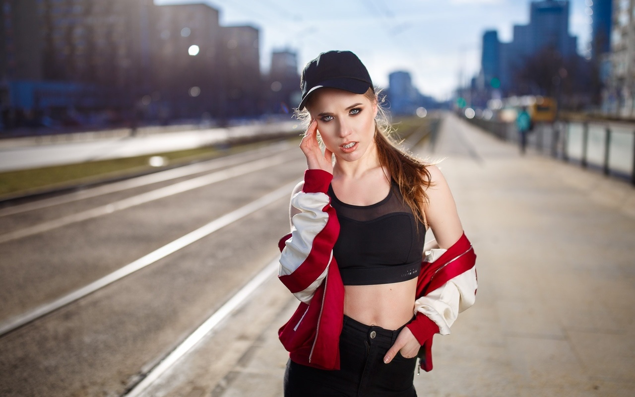 women, baseball caps, portrait, women outdoors, sweater, depth of field, , ,   , 