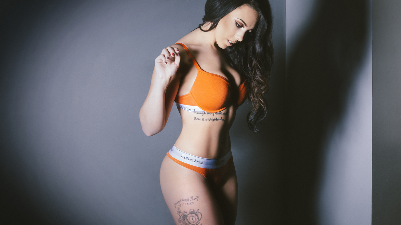 women, belly, tattoo, portrait, brunette, red nails, underwear, shadow, pierced navel, calvin klein, , , , , ,  , ,  ,  