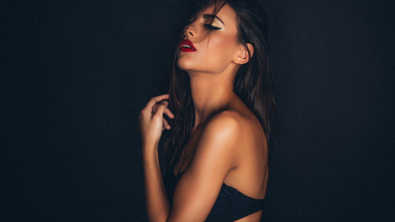 women, portrait, tanned, black bras, eyeliner, red lipstick, simple background, , , , ,  ,   ,  