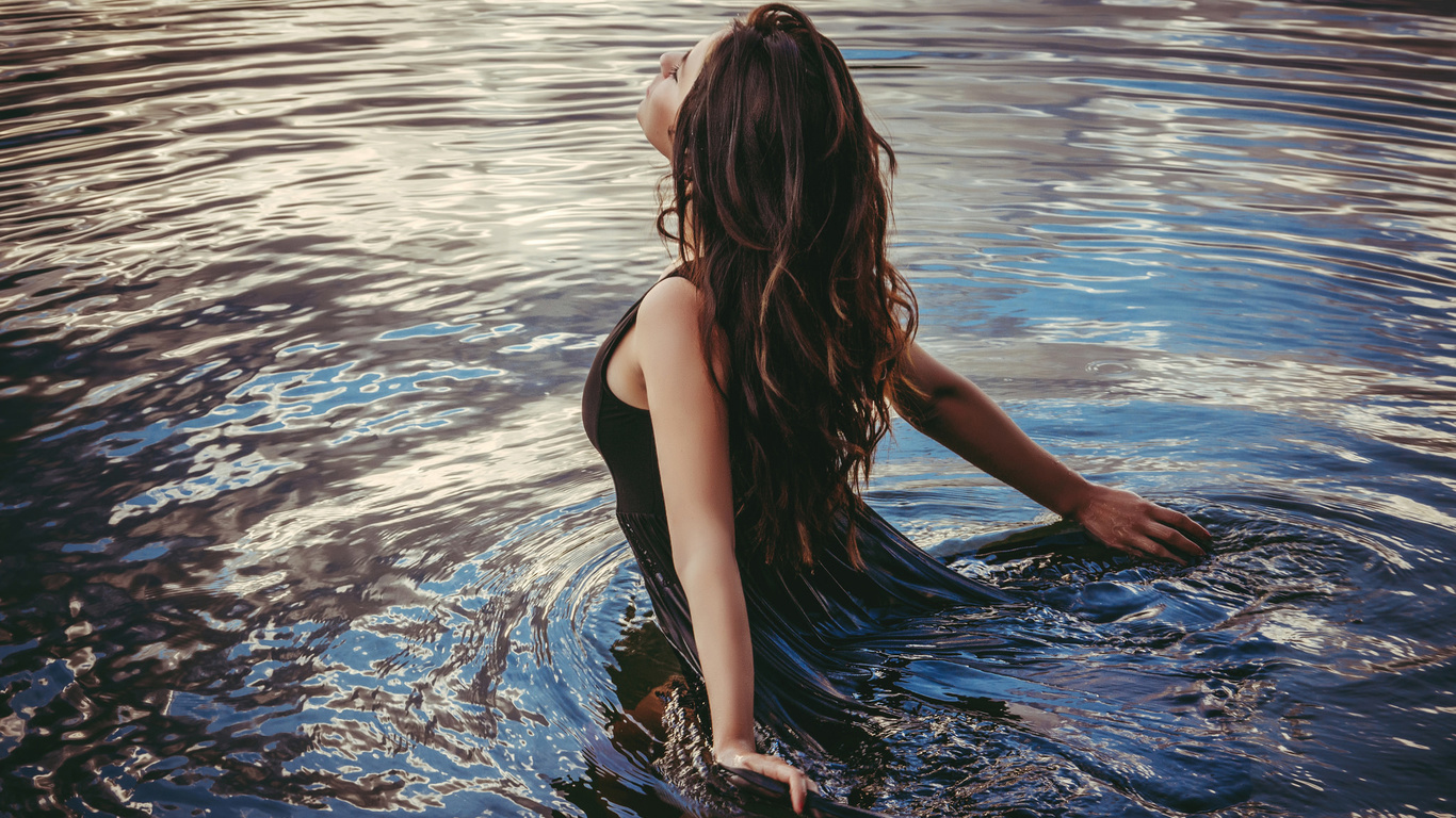 aurela skandaj, women, portrait, women outdoors, black dress, water, reflection, , ,   ,  , , ,   