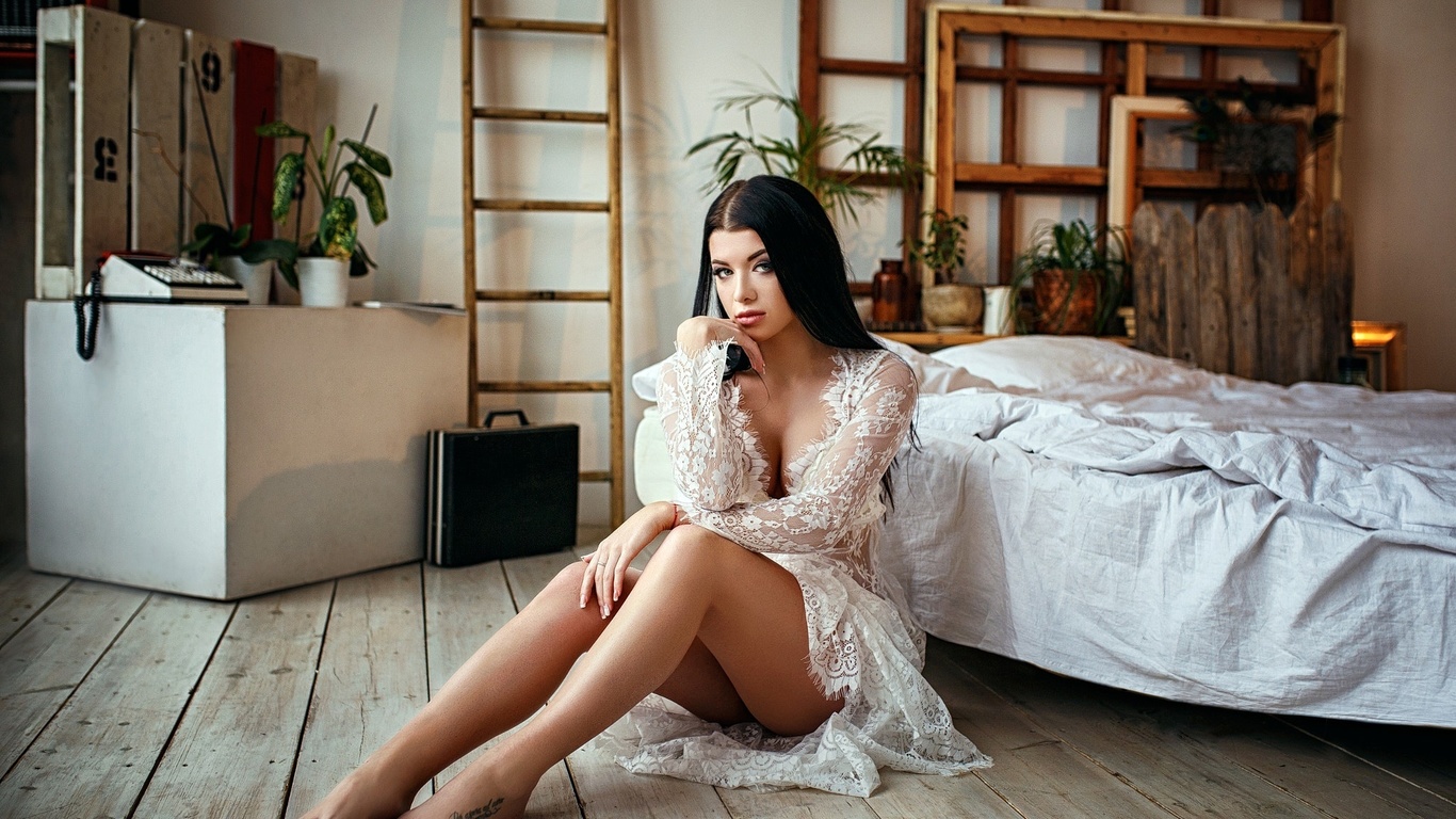 women, sitting, bed, white dress, tattoo, wooden surface, ass, black hair, , , , ,  , ,  , ,  , , 