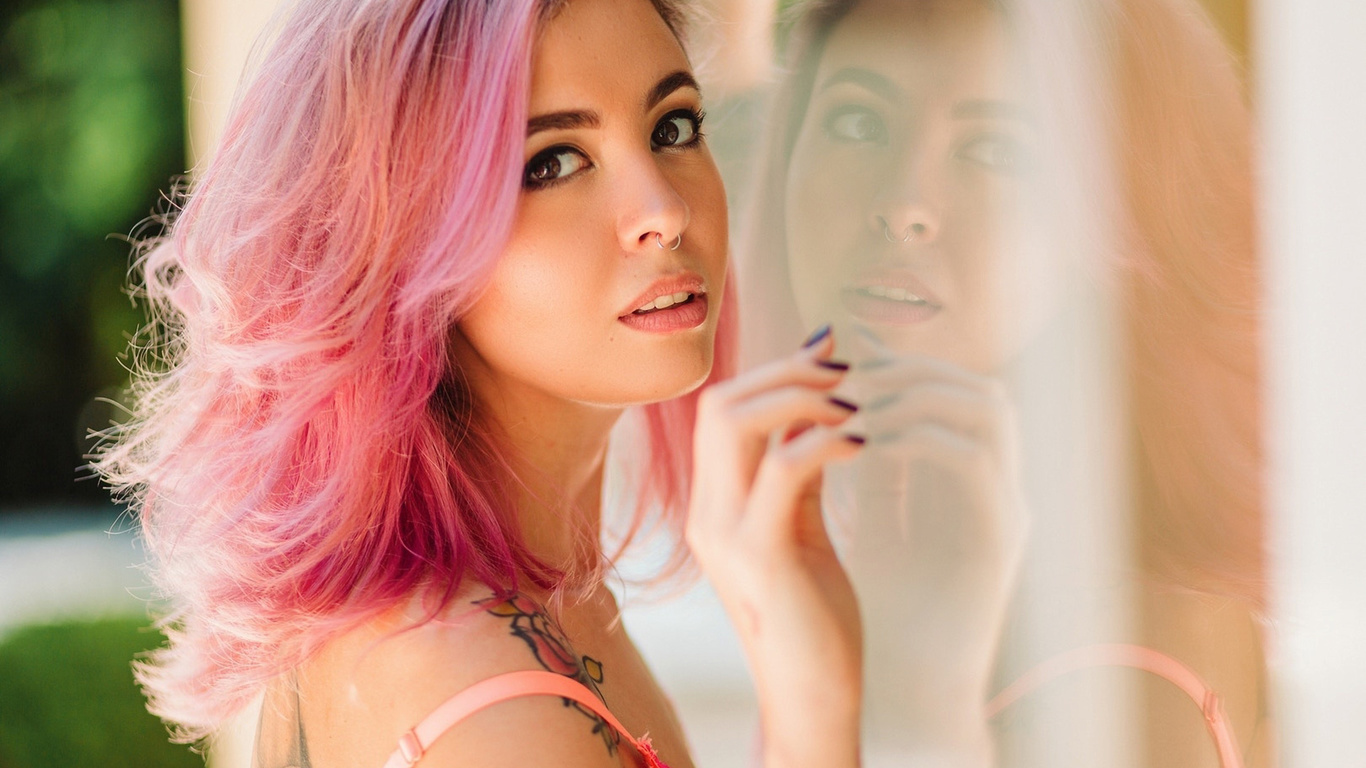 women, portrait, pink hair, glass, depth of field, nose rings, tattoo, , ,  , ,   , 