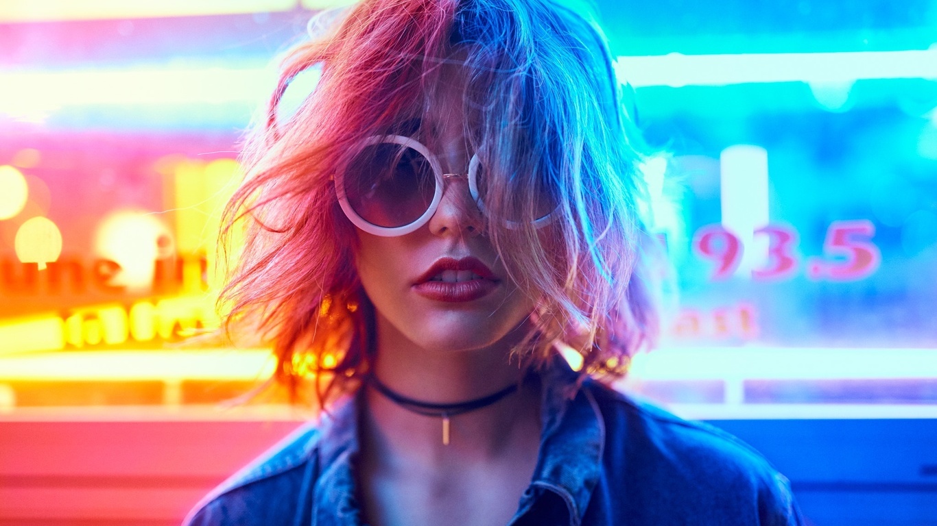 women, women with glasses, sunglasses, choker, blonde, neon, face, portrait, , ,  ,  , , , , 