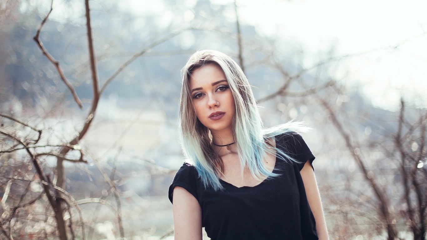 women, portrait, dyed hair, nose rings, depth of field, women outdoors, t-shirt, , ,  ,   , 