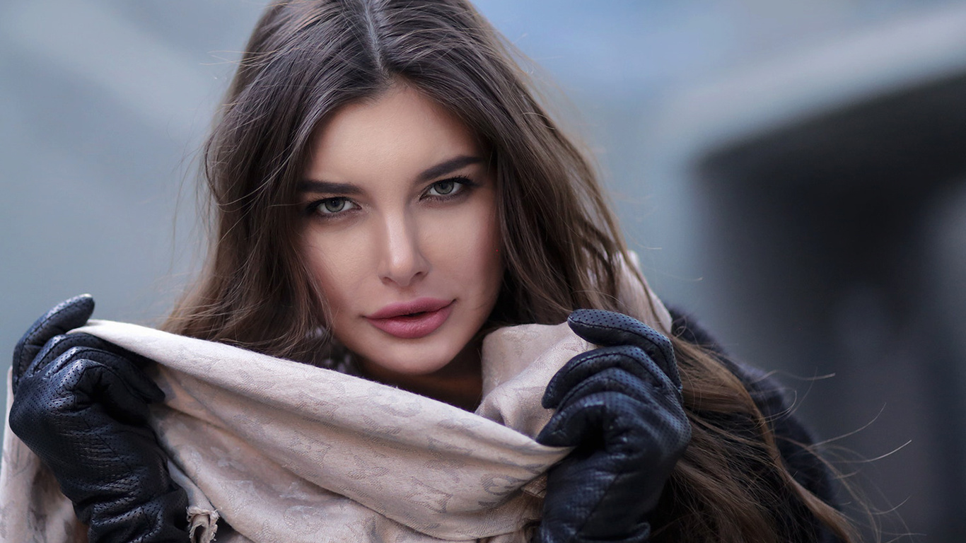 women, face, portrait, depth of field, gloves, scarf, , , , , , 