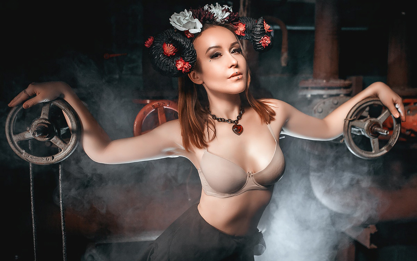 women, bra, belly, skirt, smoke, necklace, brunette, portrait, flowers, armpits, , , , , , , , , , , 