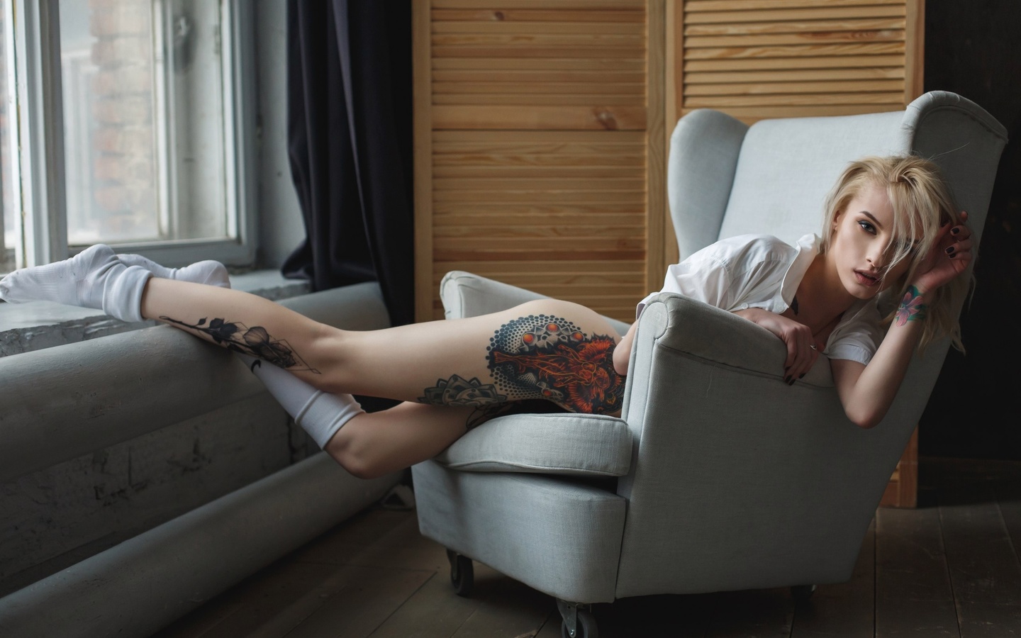 christina may, women, blonde, ass, tattoos, socks, black nails, shirt, window, brunette, , , , , , , , 