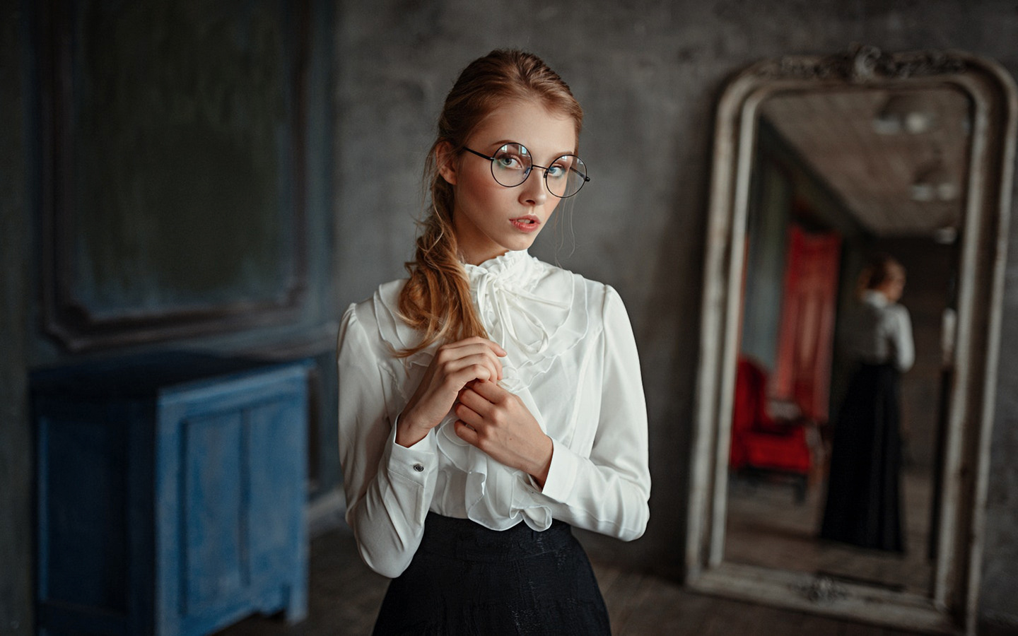 women, blonde, glasses, portrait, mirror, reflection, georgy chernyadyev, depth of field, , , , , , 