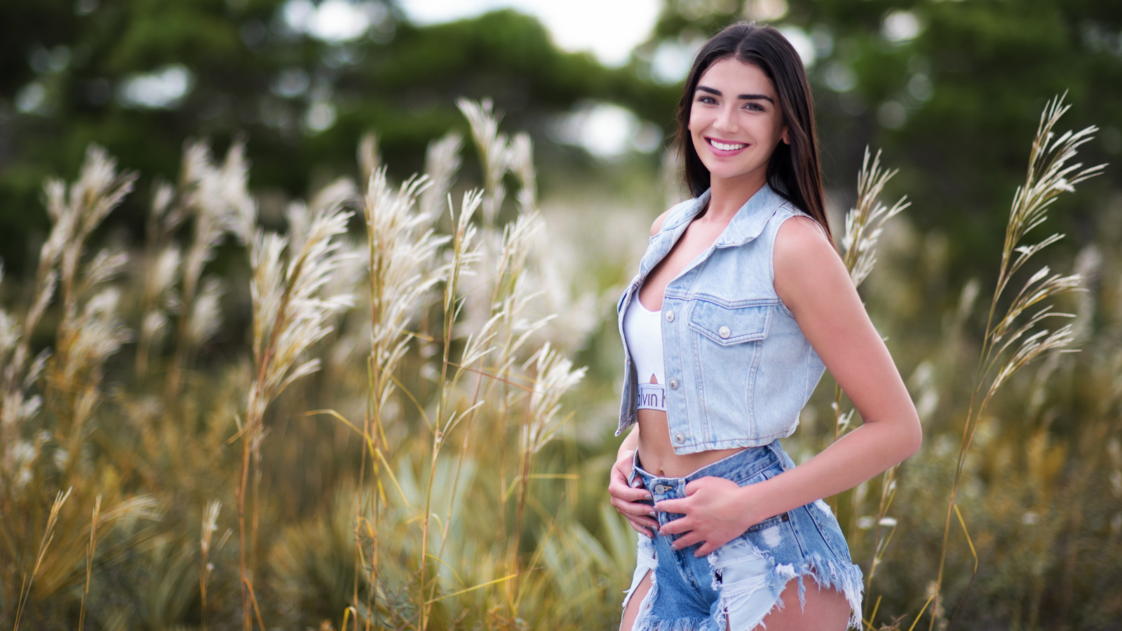 women, jean shorts, smiling, denim, depth of field, portrait, women outdoors, white tops, calvin klein, ,  , , , ,  , , , 