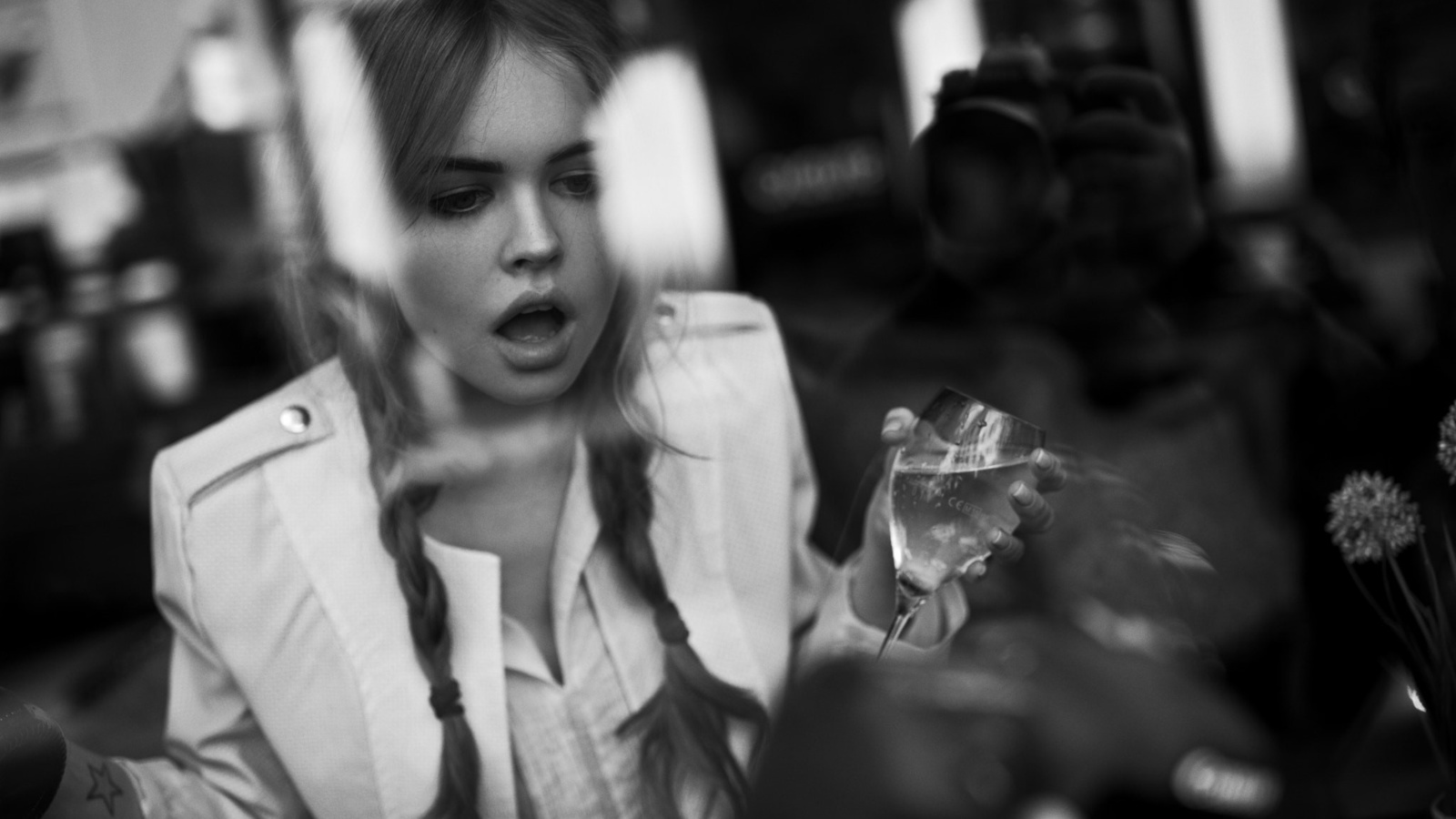 anastasia scheglova, women, model, monochrome, pigtails, glass, reflection, open mouth, cup, tattoo,  , , , , , ,  , , 