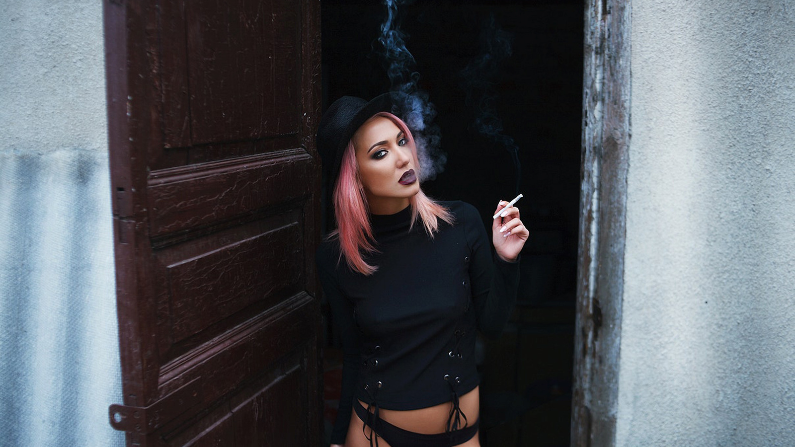 women, tanned, hat, portrait, pink hair, cigarettes, smoke, nipple through clothing, door, dyed hair, , , ,  , , , ,  