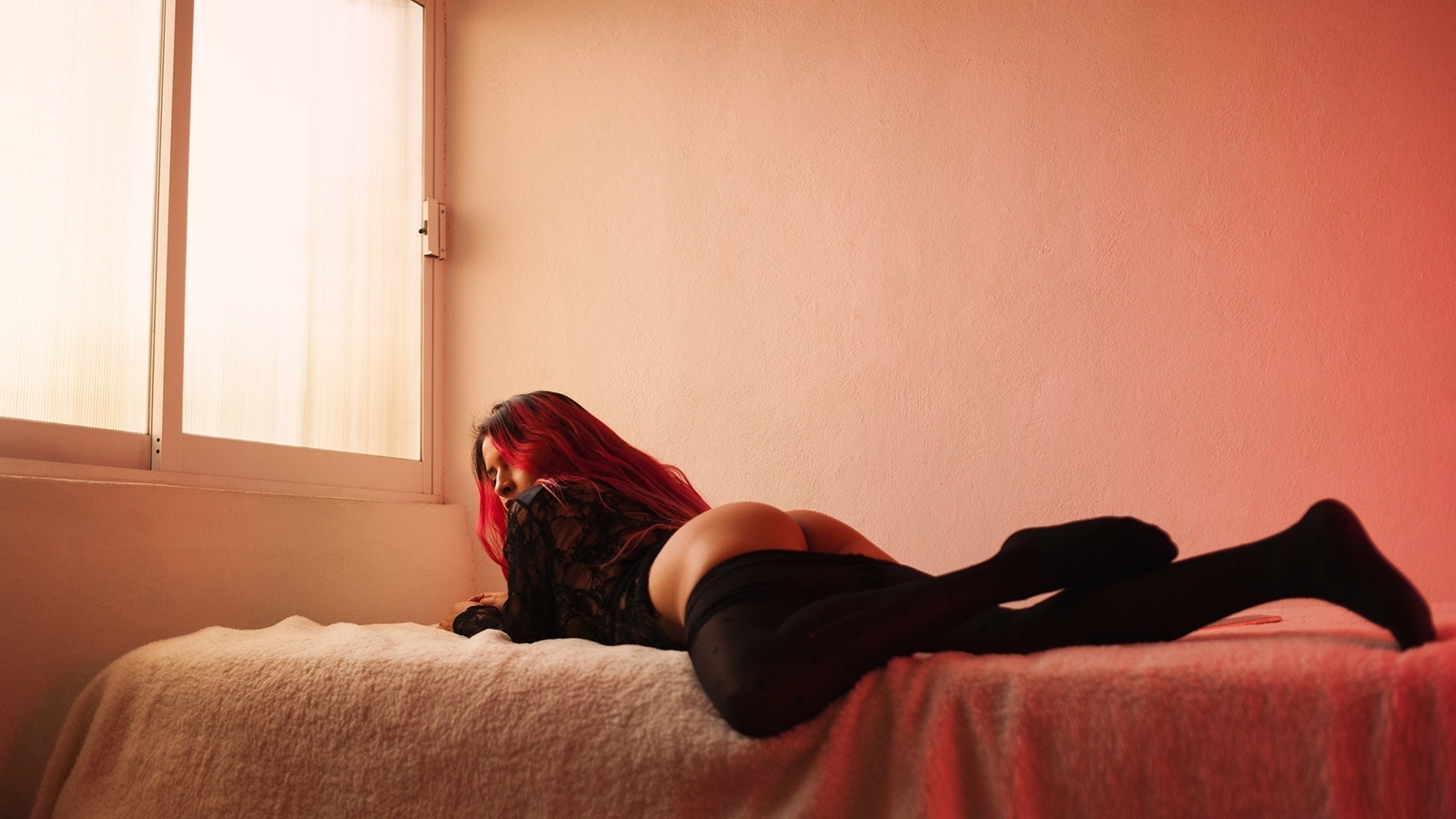 women, ass, dyed hair, in bed, lying on front, window, pantyhose, , , , ,  ,  ,   , 