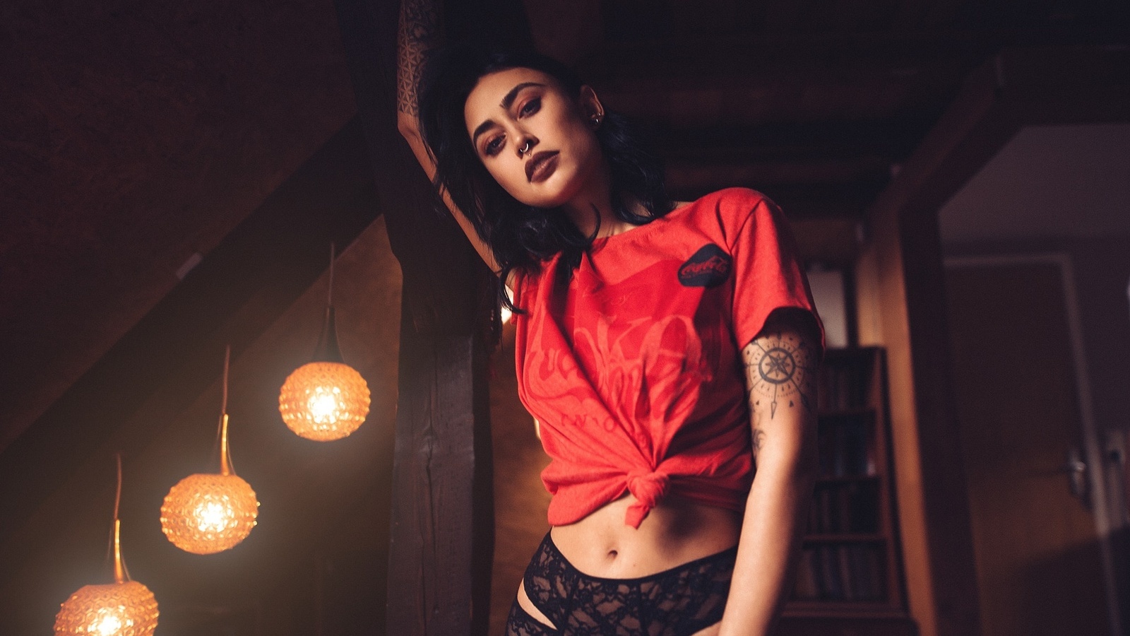 women, portrait, sebastian heberlein, t-shirt, tattoo, brunette, panties, nose rings, , , , , , 