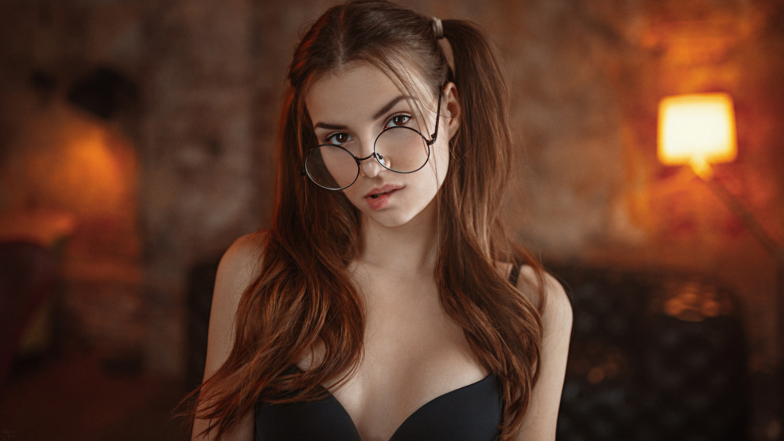 women, georgy chernyadyev, glasses, portrait, black bras, pigtails, depth of field, , , ,  , 