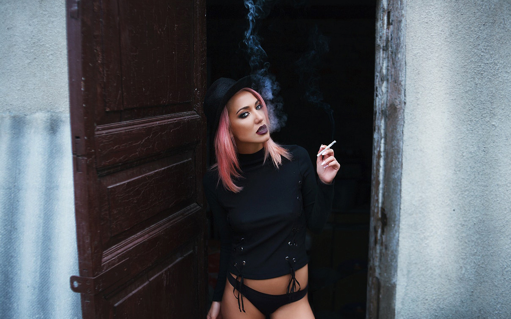 women, tanned, hat, portrait, pink hair, cigarettes, smoke, nipple through clothing, door, dyed hair, , , ,  , , , ,  