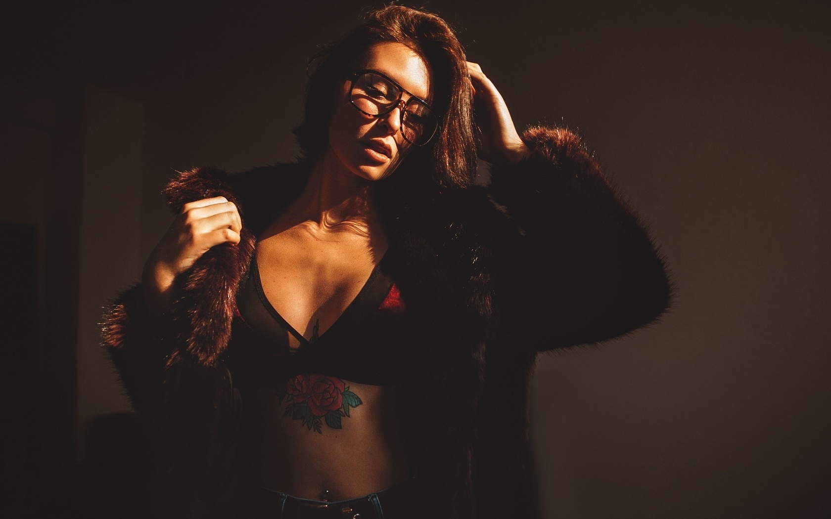 women, tanned, portrait, glasses, pierced navel, fur, black bras, belly, women with glasses, sebastian heberlein, , , ,  , ,  , ,   