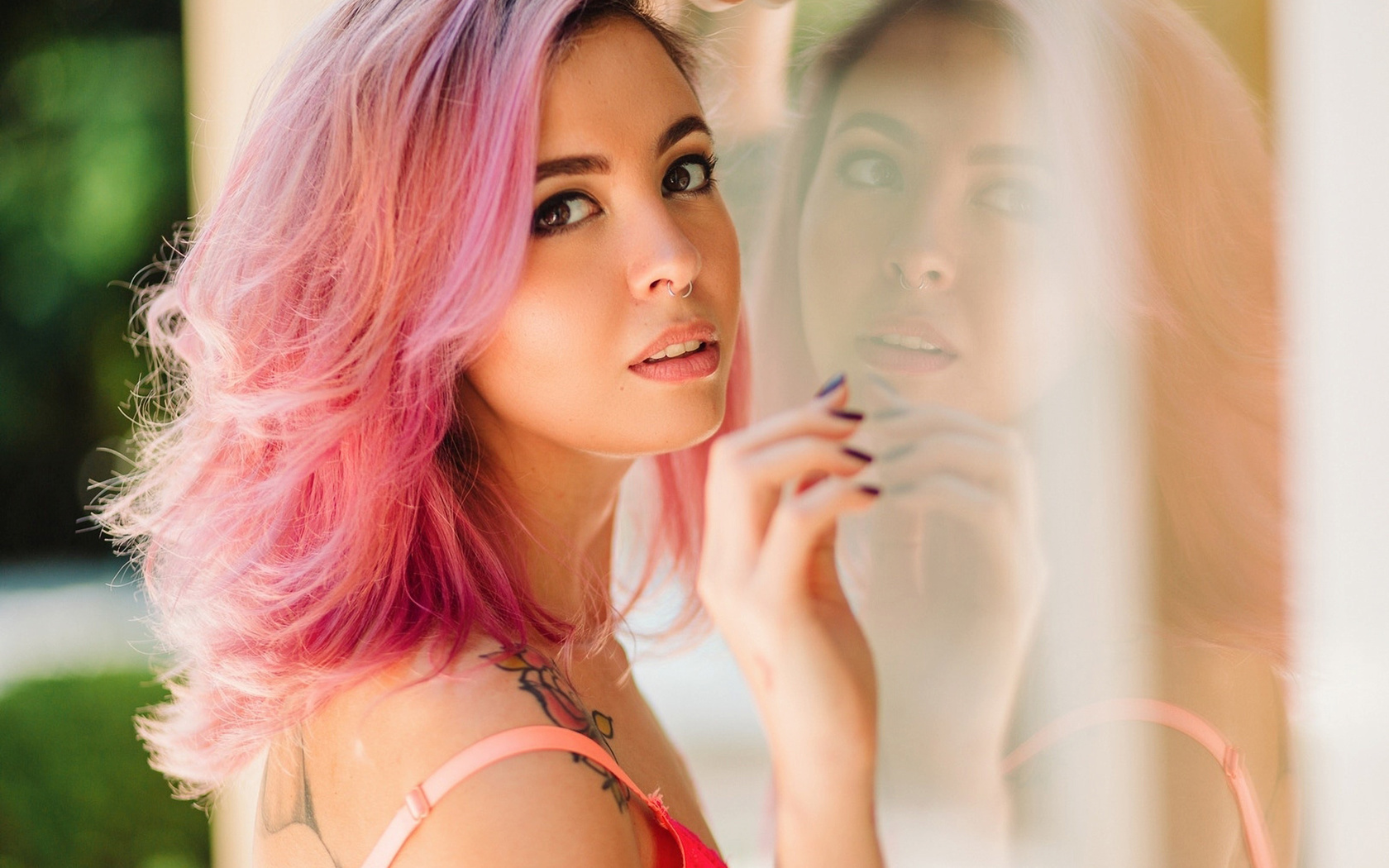 women, portrait, pink hair, glass, depth of field, nose rings, tattoo, , ,  , ,   , 