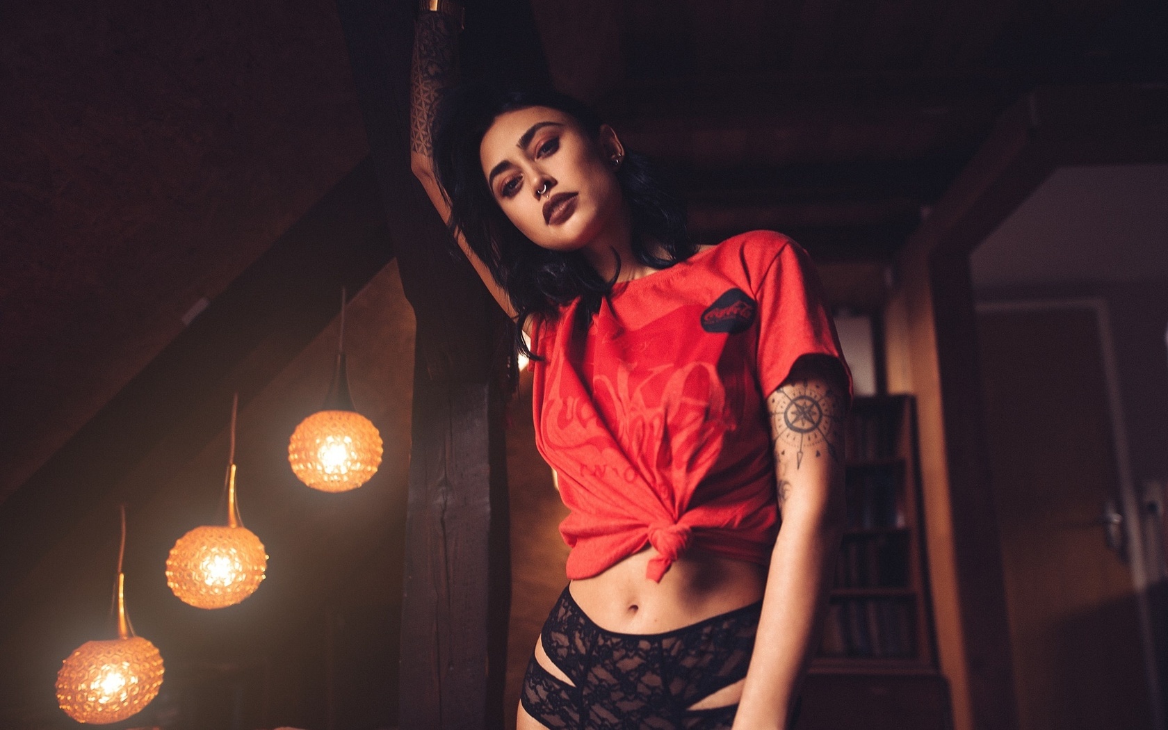 women, portrait, sebastian heberlein, t-shirt, tattoo, brunette, panties, nose rings, , , , , , 