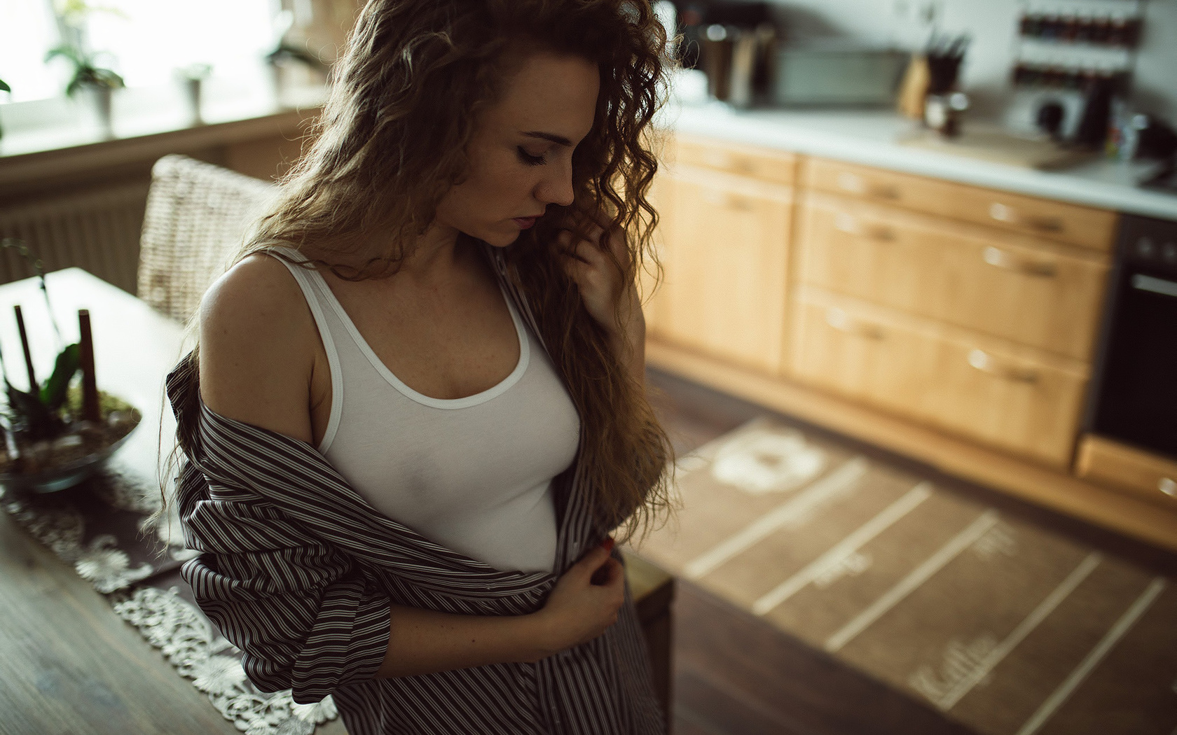 women, portrait, t-shirt, see-through clothing, nipple through clothing, shirt, kitchen, closed eyes, depth of field, , , ,  , , ,  ,   ,  