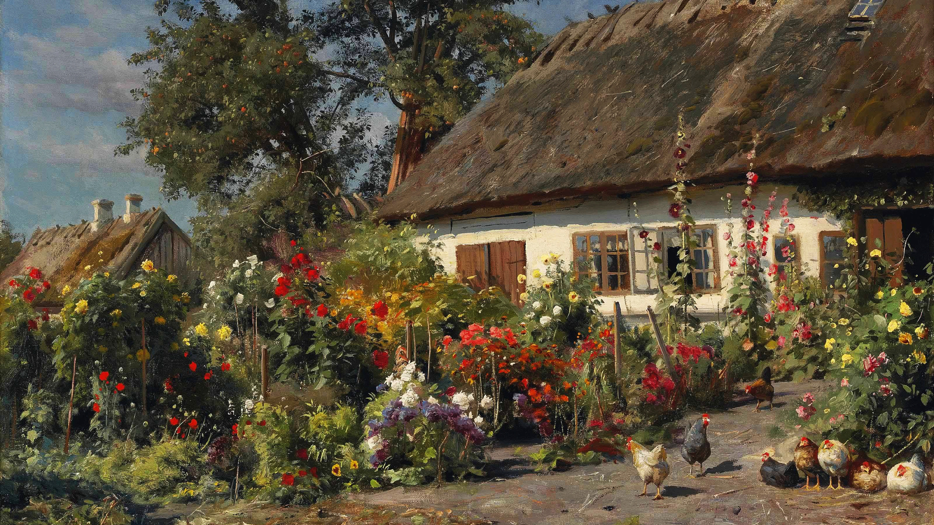 Картинки peder monsted, дом, хижина, куры, цветы, 1919, картина, квіти,  село - обои 1920x1080, картинка №208002