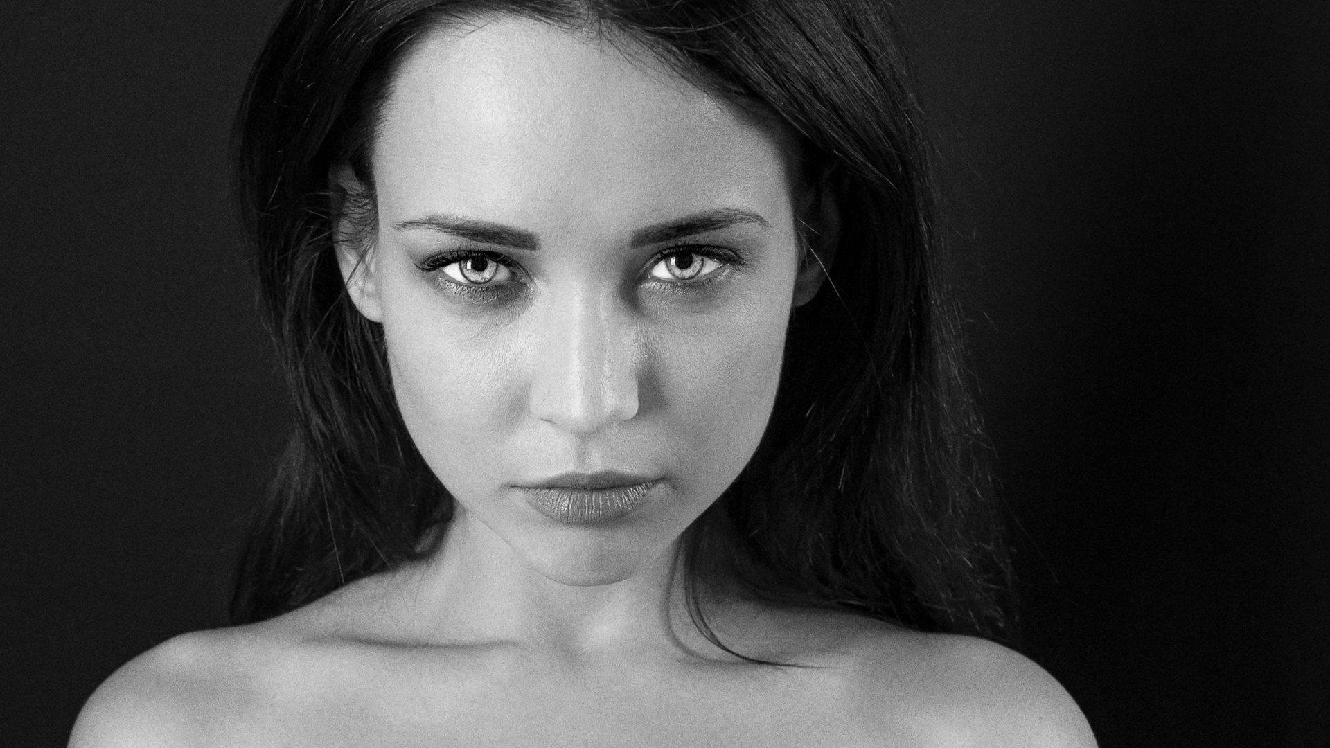 angelina petrova, women, bare shoulders, model, monochrome, portrait, face, simple background,  , ,  , , -, , ,  , 