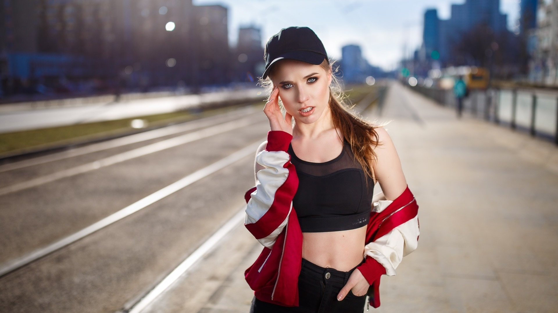 women, baseball caps, portrait, women outdoors, sweater, depth of field, , ,   , 