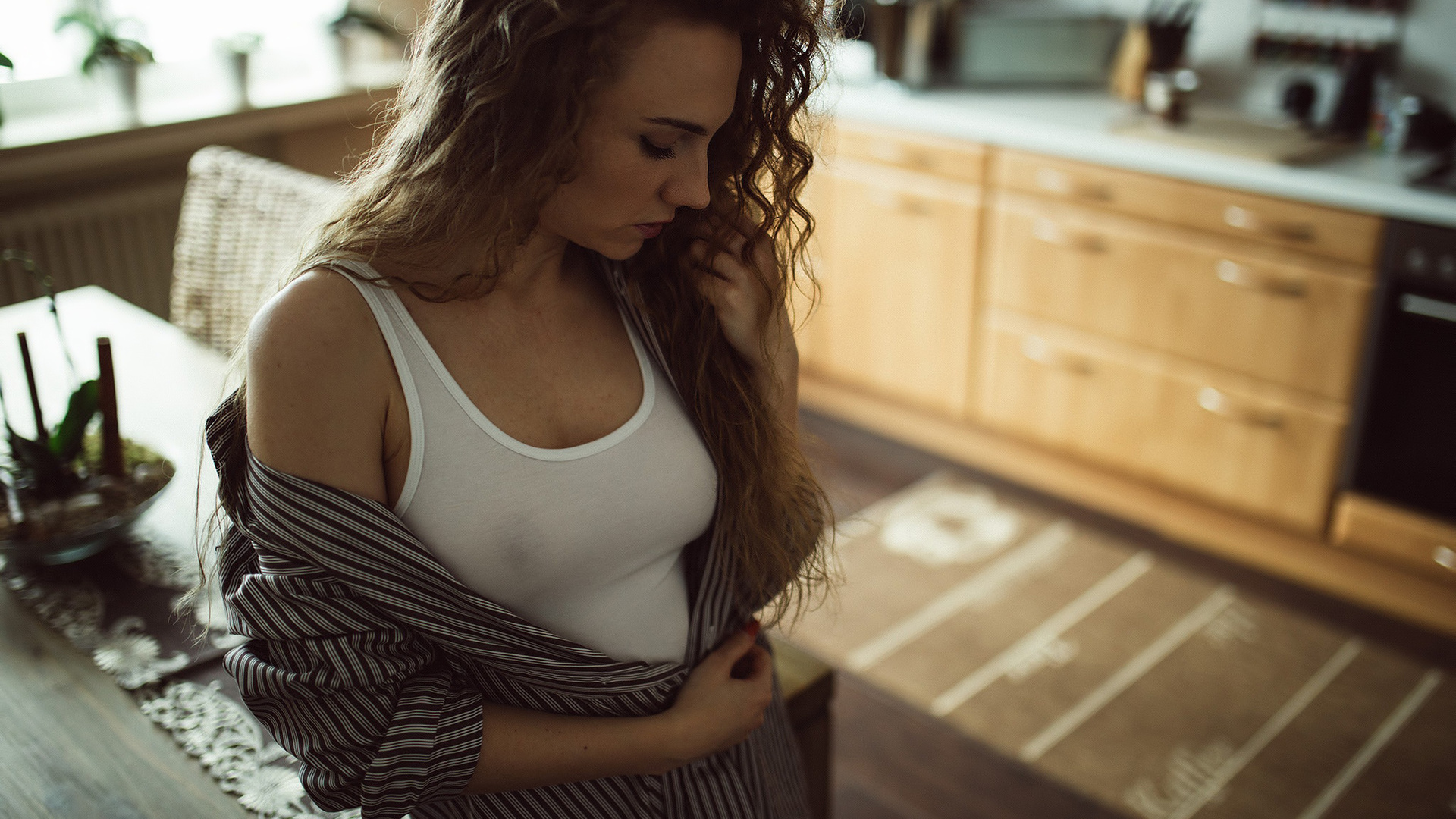 women, portrait, t-shirt, see-through clothing, nipple through clothing, shirt, kitchen, closed eyes, depth of field, , , ,  , , ,  ,   ,  