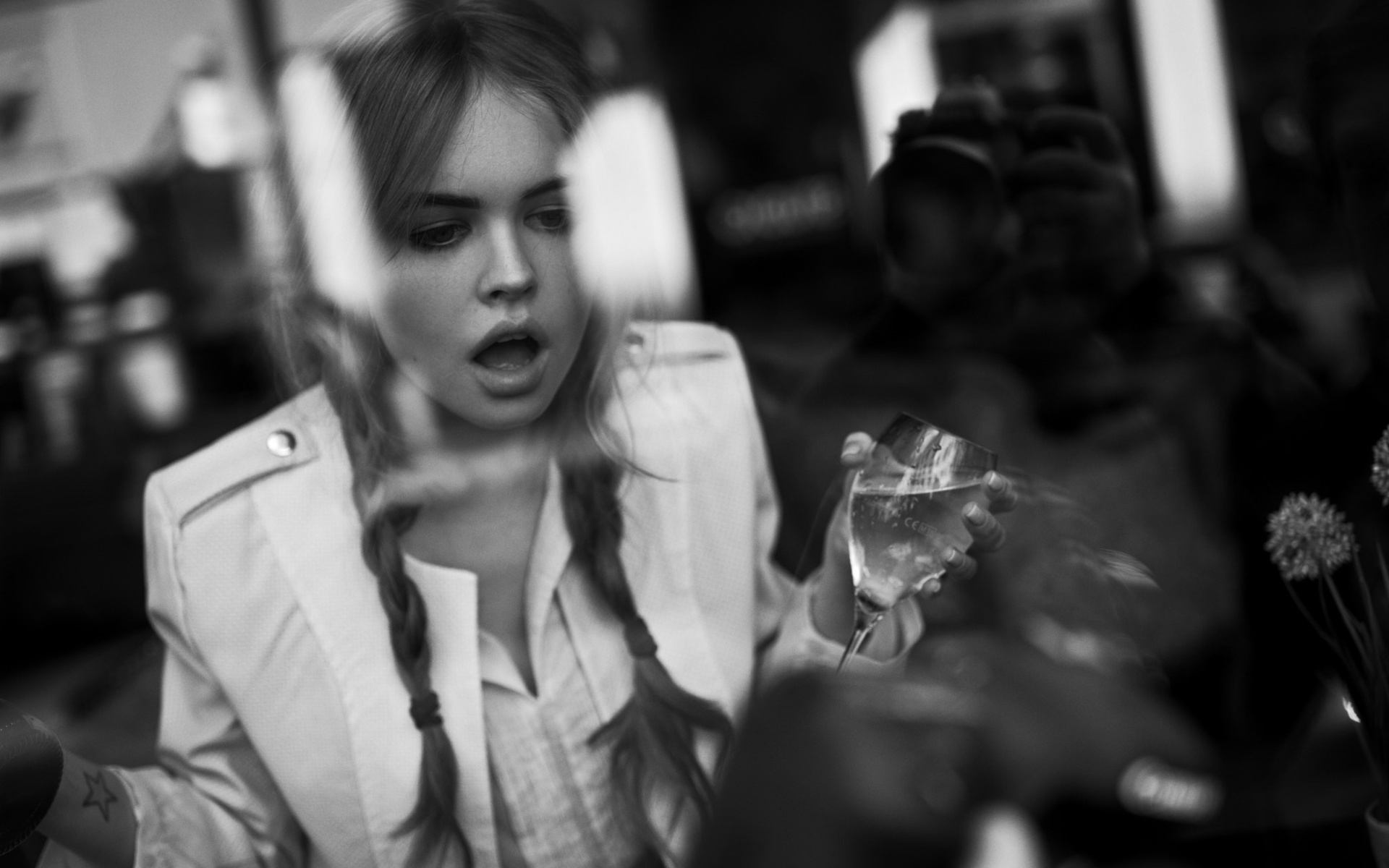 anastasia scheglova, women, model, monochrome, pigtails, glass, reflection, open mouth, cup, tattoo,  , , , , , ,  , , 