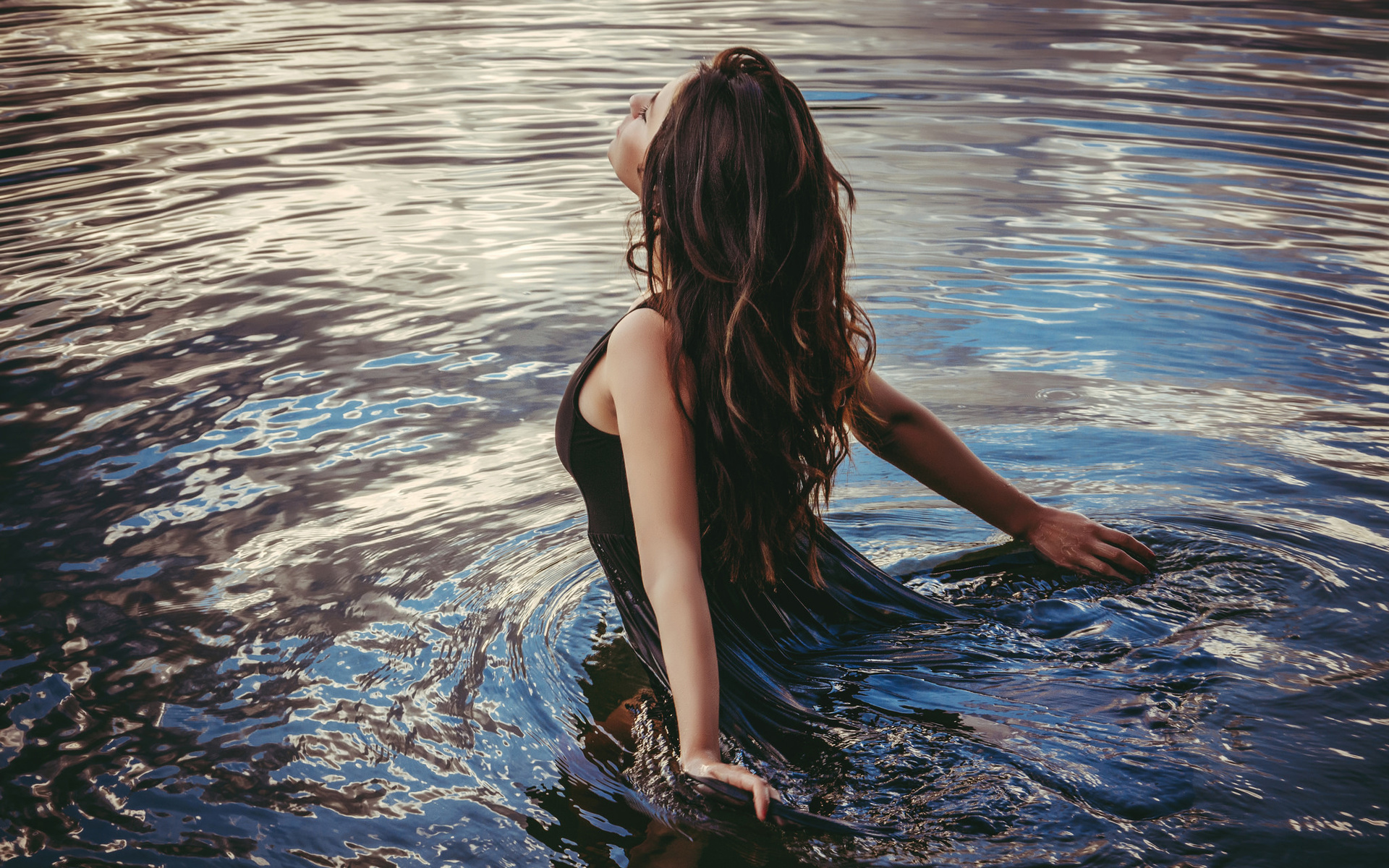 aurela skandaj, women, portrait, women outdoors, black dress, water, reflection, , ,   ,  , , ,   