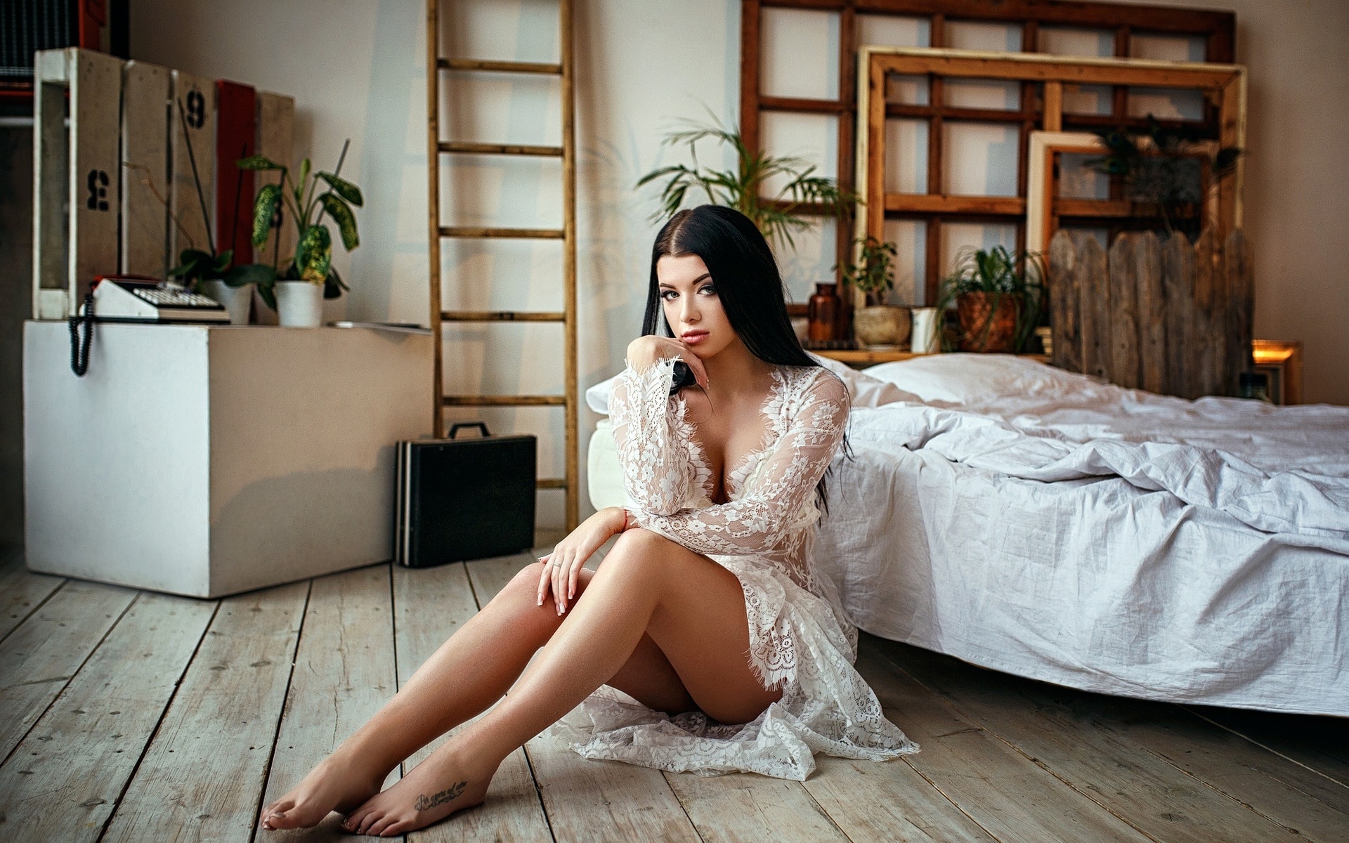 women, sitting, bed, white dress, tattoo, wooden surface, ass, black hair, , , , ,  , ,  , ,  , , 