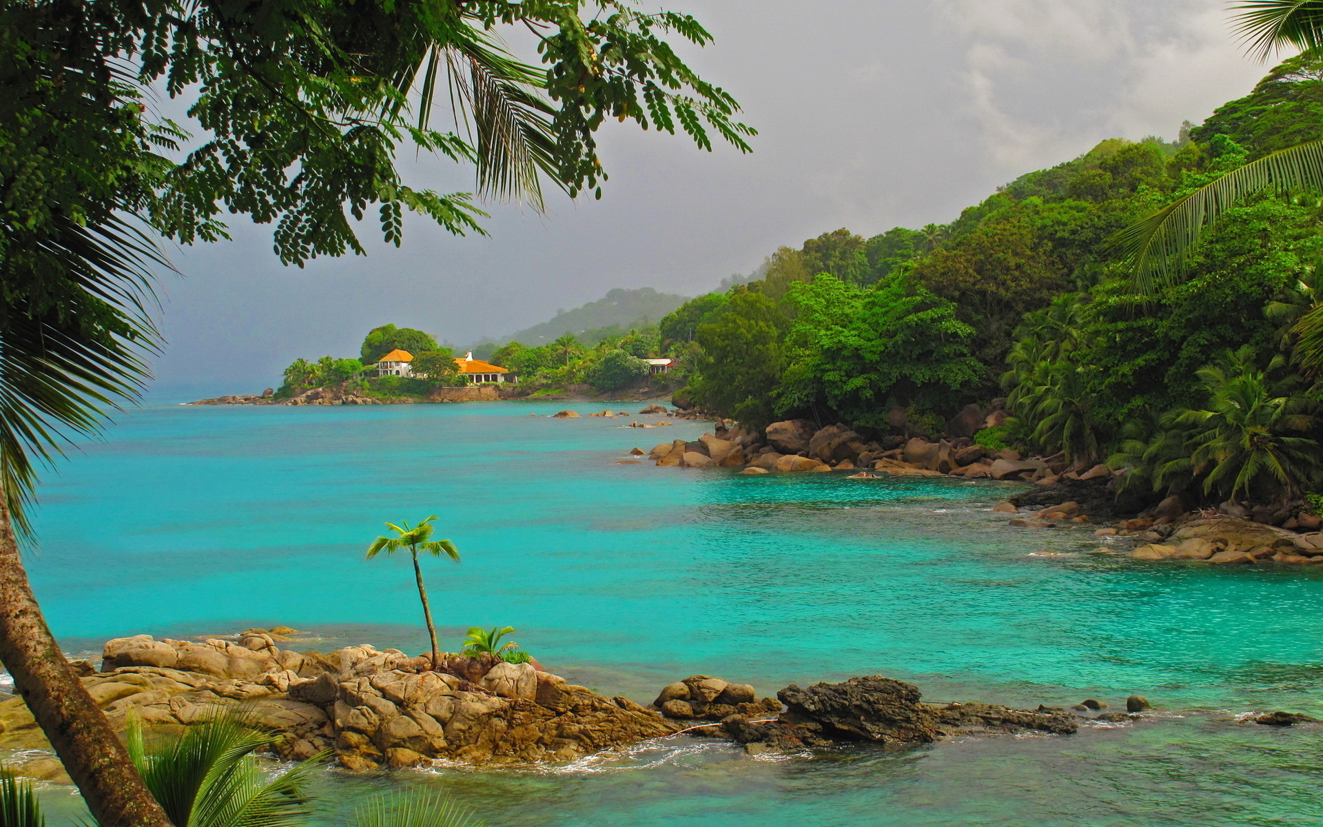 sea, tropics, palm trees, mountains, stones, island