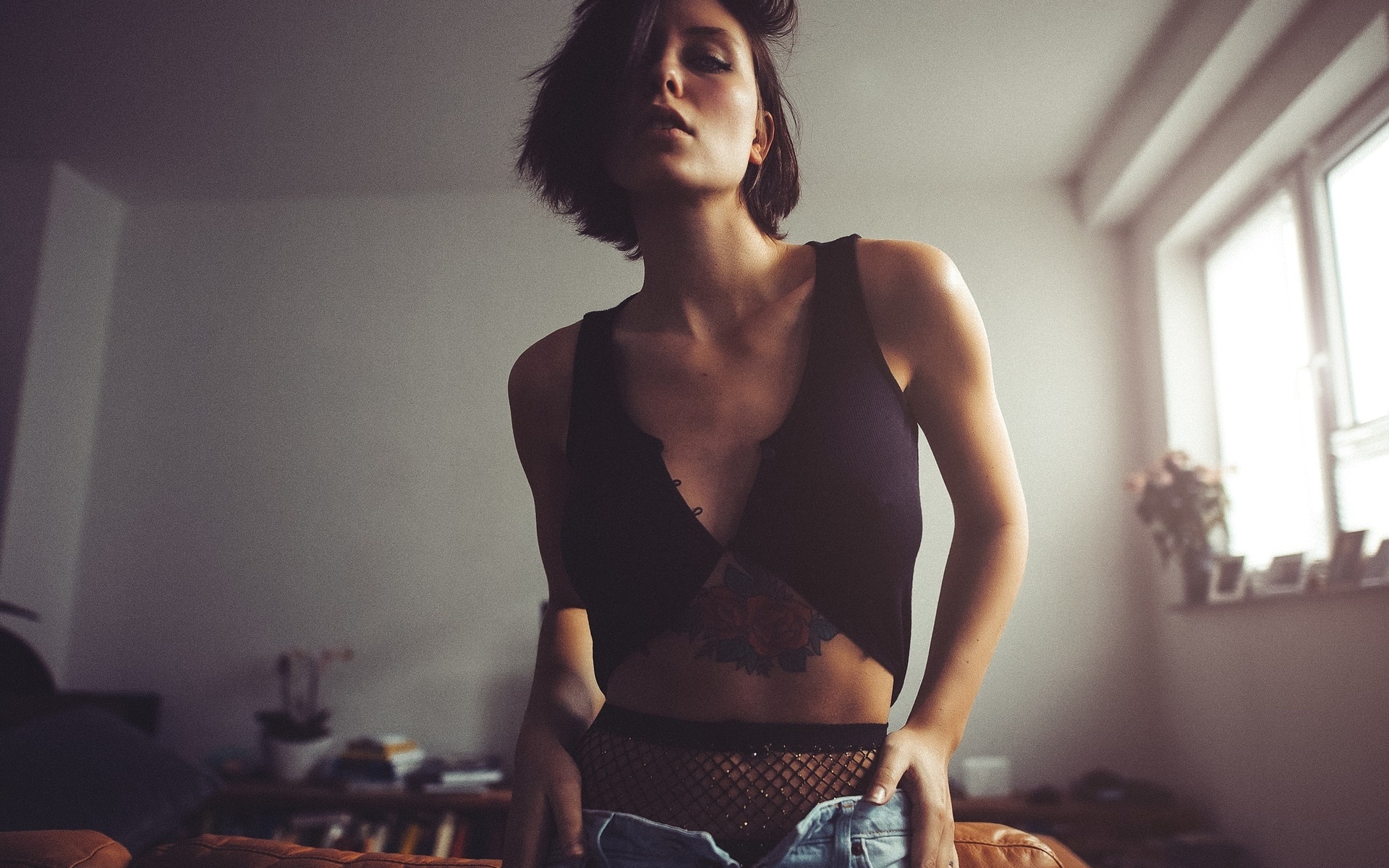 women, tanned, portrait, tattoo, fishnet stockings, pants, jeans, pierced navel, sebastian heberlein, , , ,  , , ,  