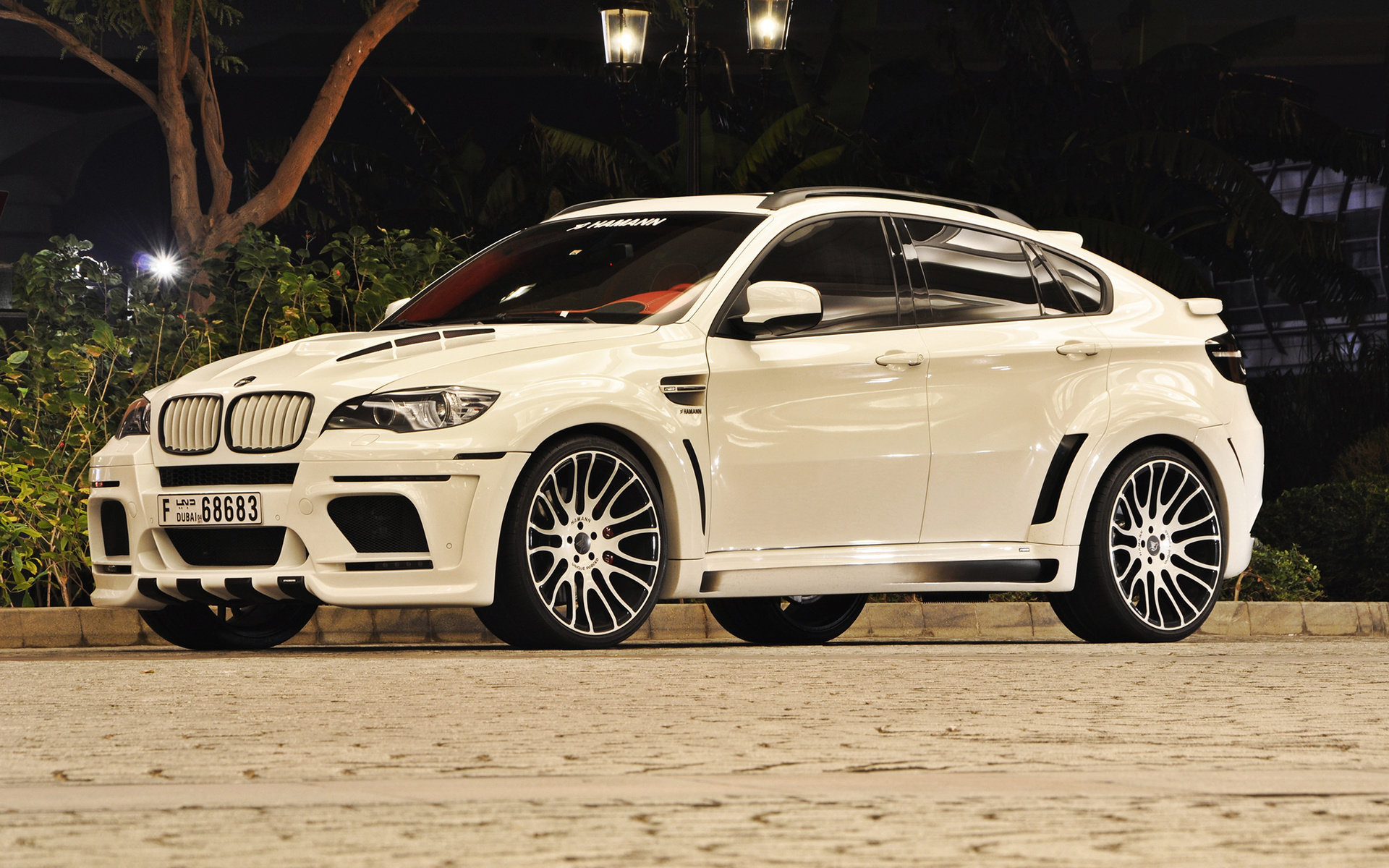 x6m, bmw, white, street, light, hamann, night