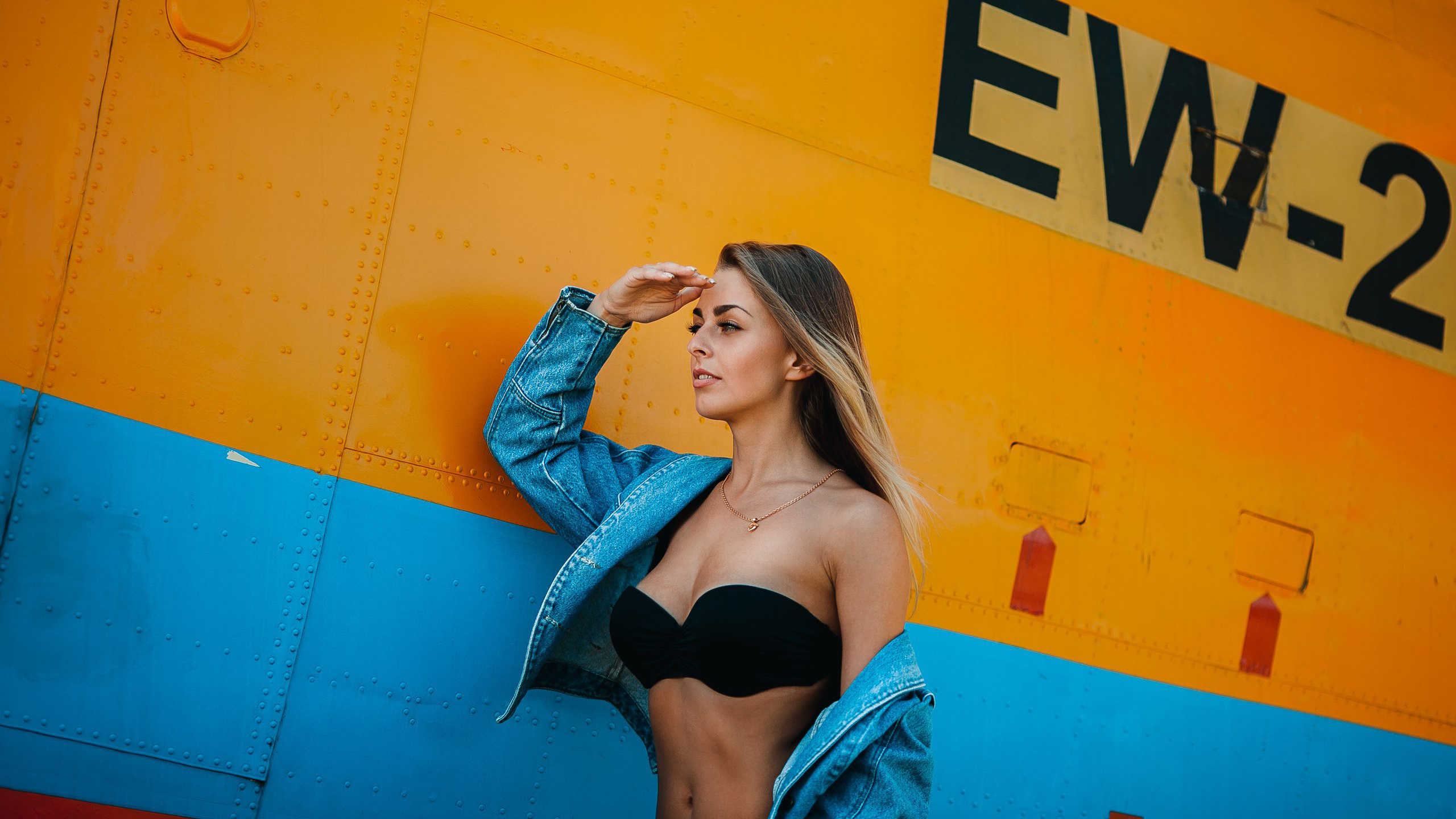 tamara konko, women, blonde, tanned, necklace, denim shirt, looking away, bikini top, belly,  ,, , ,  ,   , , 