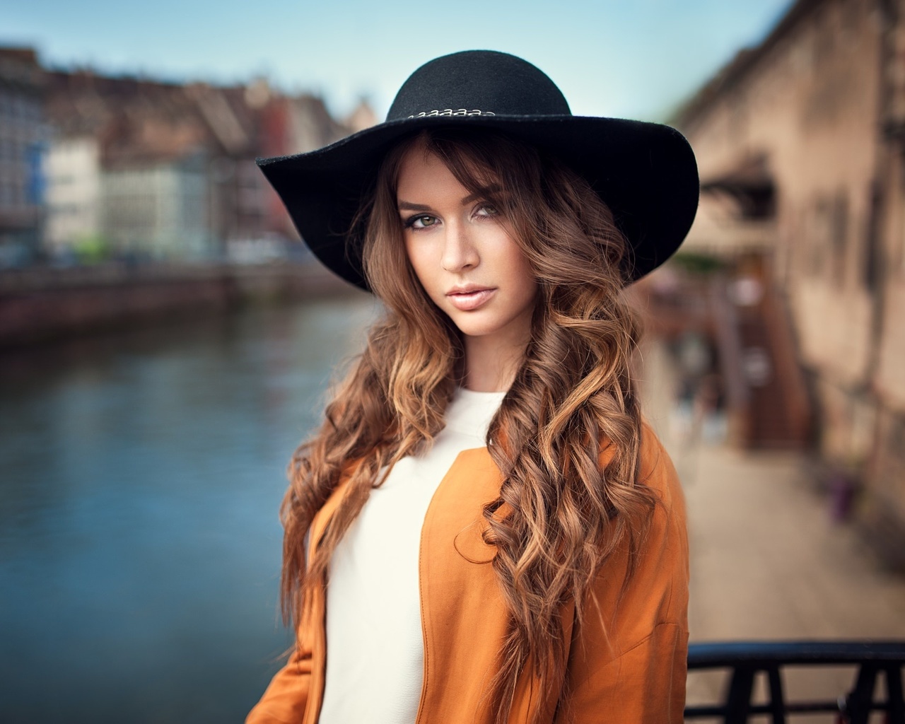 women, river, hat, portrait, depth of field, , , , , ,   