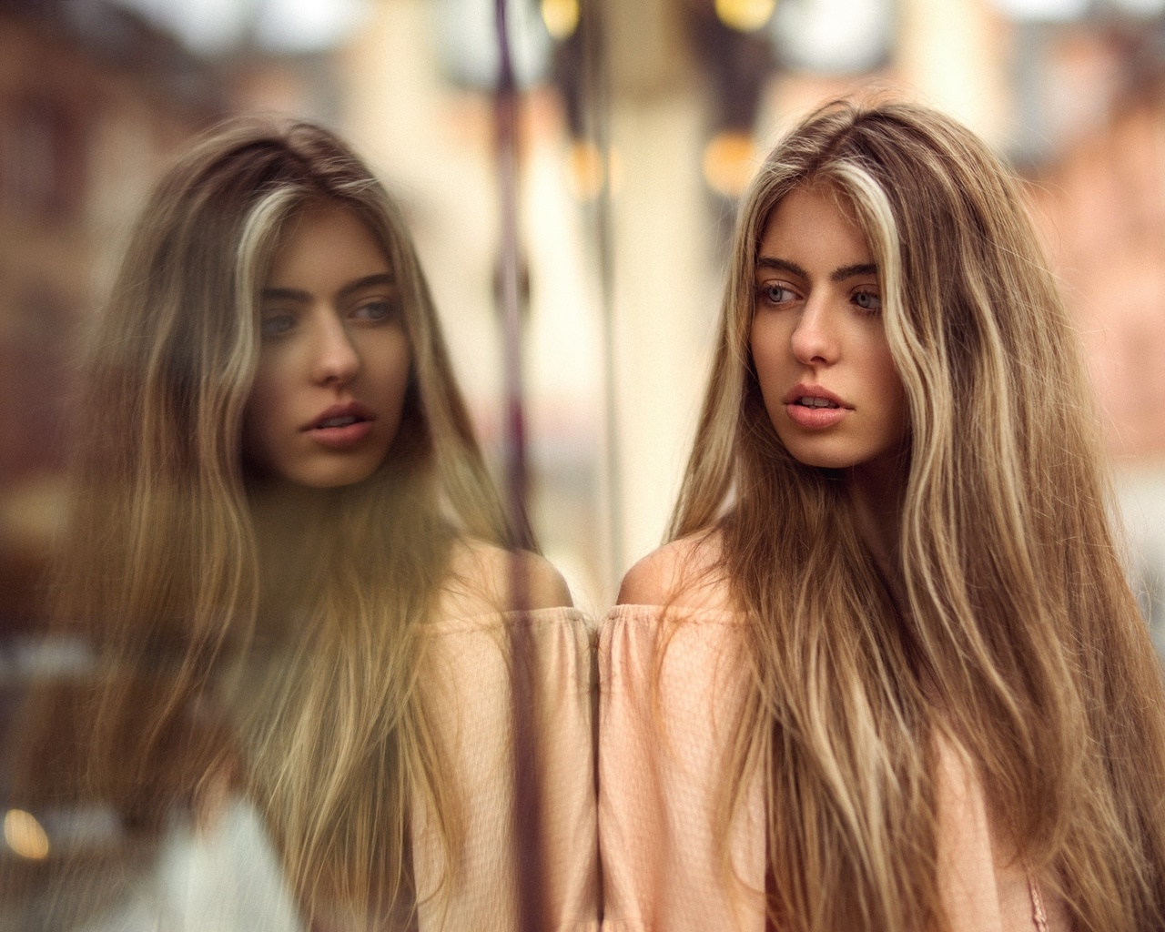 women, martin kuhn, blonde, long hair, glass, reflection, depth of field, portrait, , ,  , , , 