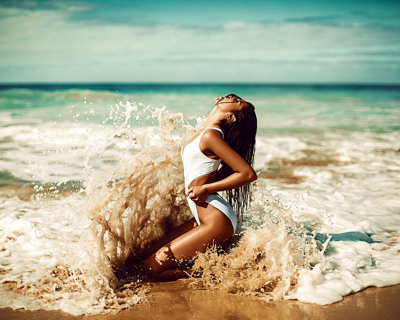 women, tanned, women outdoors, sea, sand, one-piece swimsuit, closed eyes, kneeling, depth of field, , ,   ,  , , , , , ,  ,  ,  