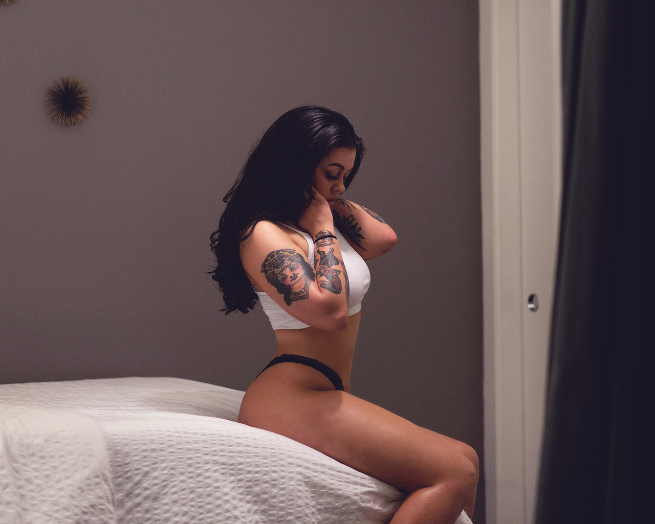 women, sitting, black panties, in bed, tattoo, ass, nose rings, closed eyes, , ,  ,  , , ,  , 