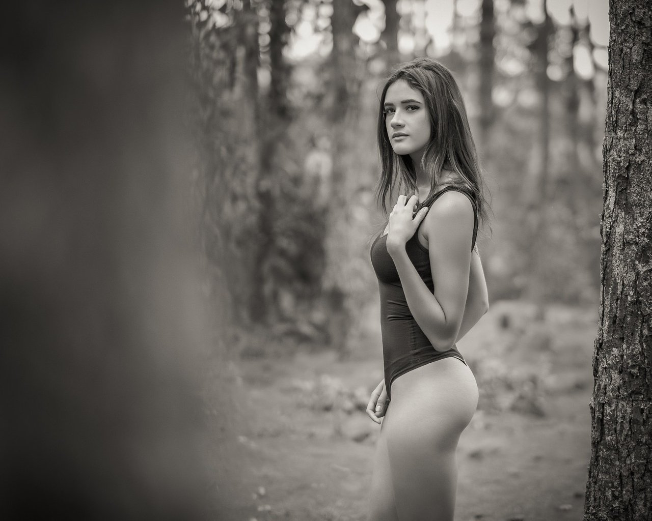 women, trees, monochrome, forest, esteban montoya, depth of field, , , -, ,  