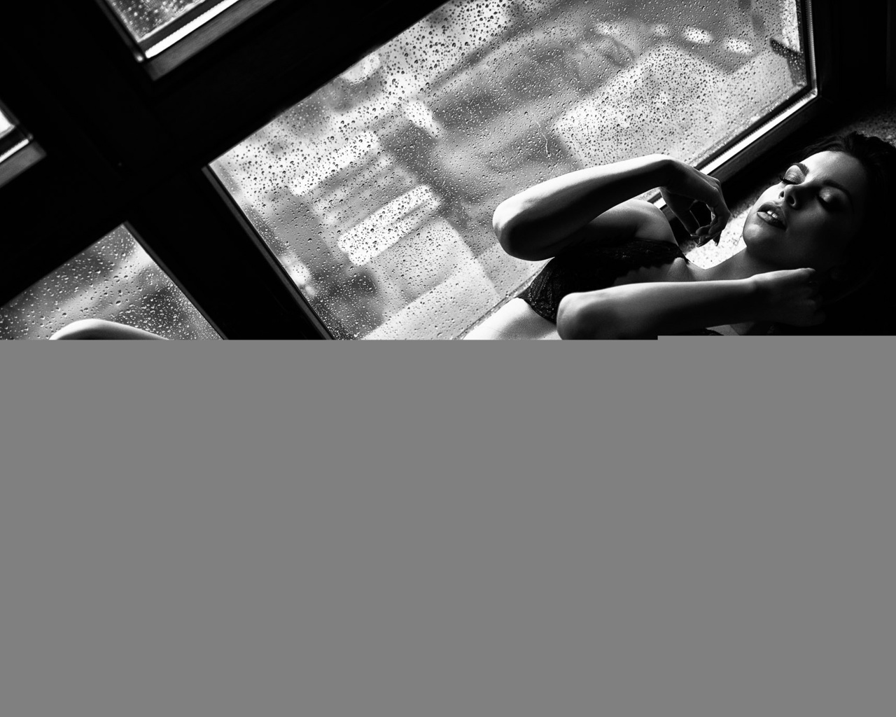 women, window sill, belly, top view, black lingerie, closed eyes, monochrome, , , ,  ,  ,  , -