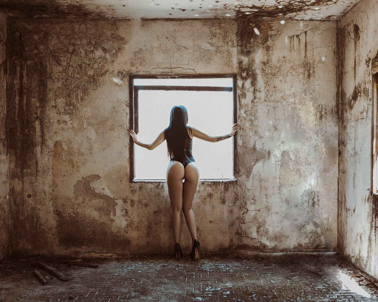 women, ass, tanned, window, the gap, tattoo, abandoned, leotard, back, high heels, , , , , , , , 