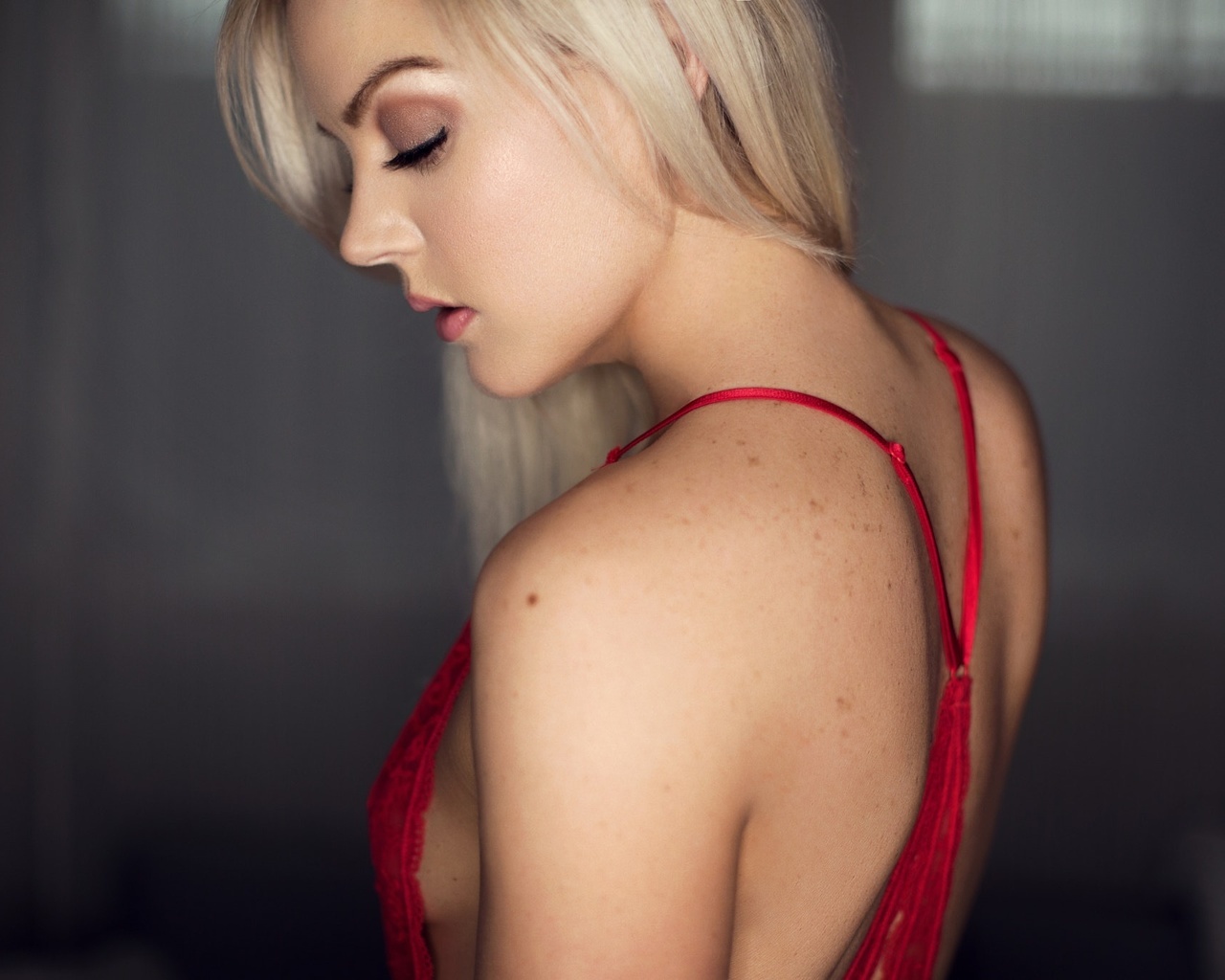 women, blonde, face, portrait, closed eyes, red lingerie, , , , ,  ,  