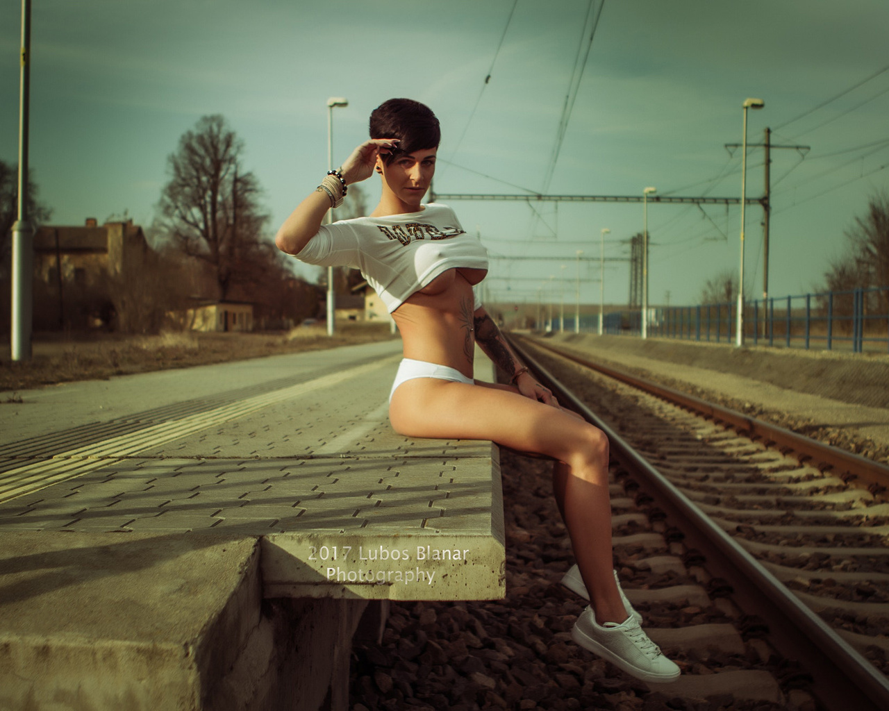 women, sitting, sneakers, railway, women outdoors, short hair, t-shirt, belly, tattoo, underboob, boobs, nipple through clothing, white panties, , , , , ,  ,   ,  , , 