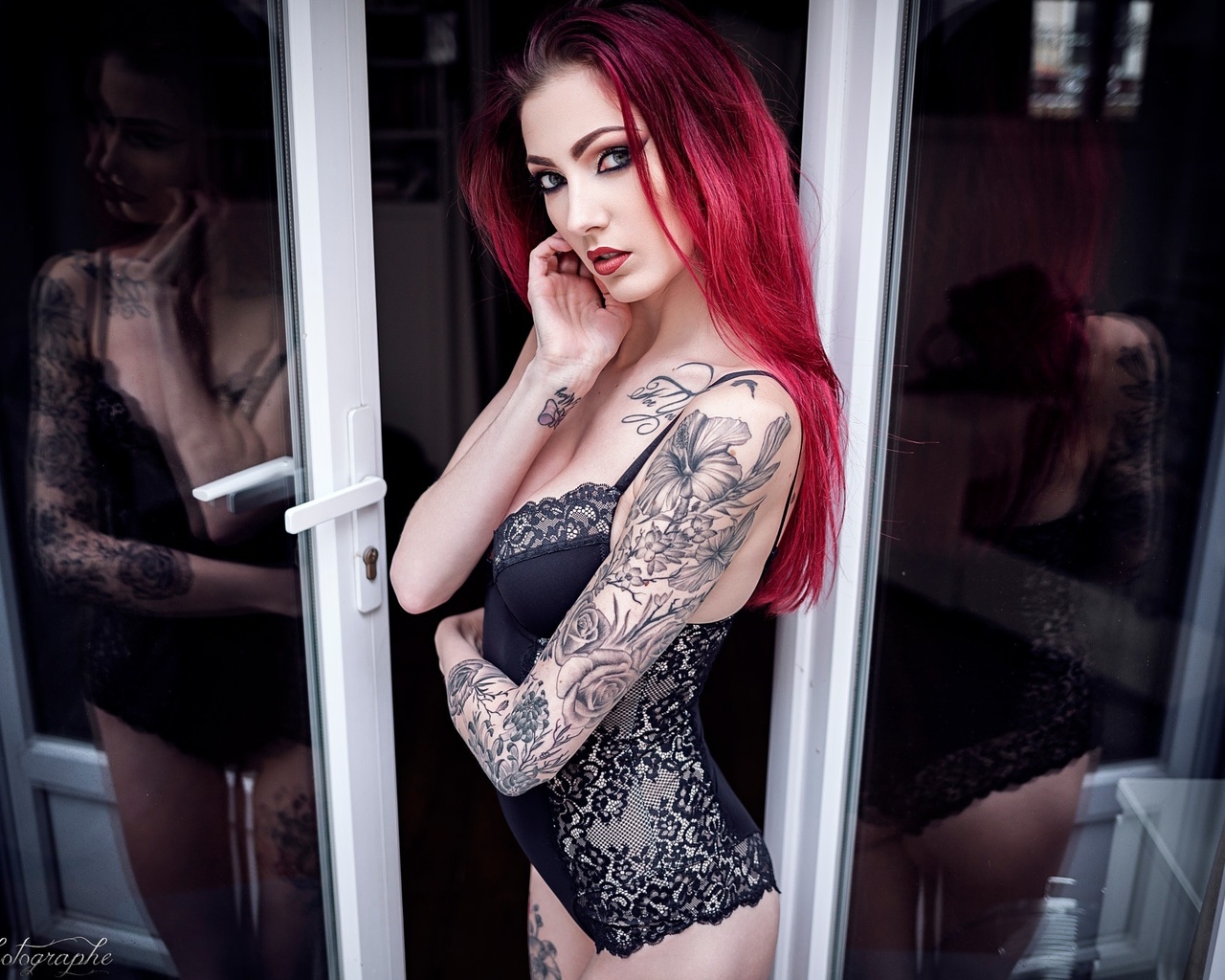 women, black lingerie, tattoo, reflection, portrait, dyed hair, ,  , , , ,  , , 