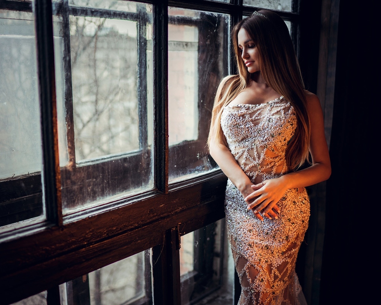 women, ivan gorokhov, portrait, white dress, window, blonde, , ,  , ,  , 