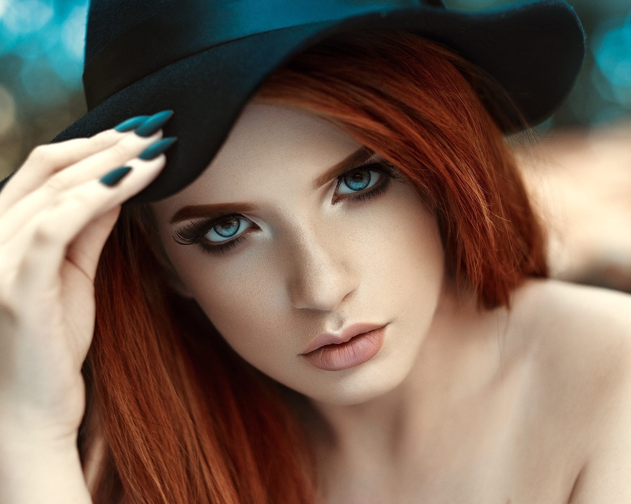 women, face, portrait, depth of field, painted nails, redhead, hat, blue eyes, , , , , ,  