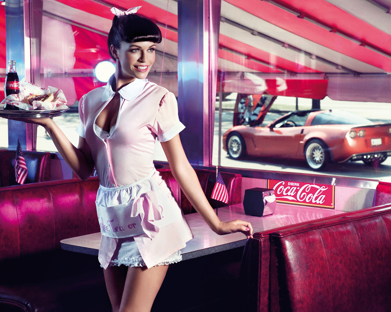 cafe, coca-cola, flag, machine, girl, window