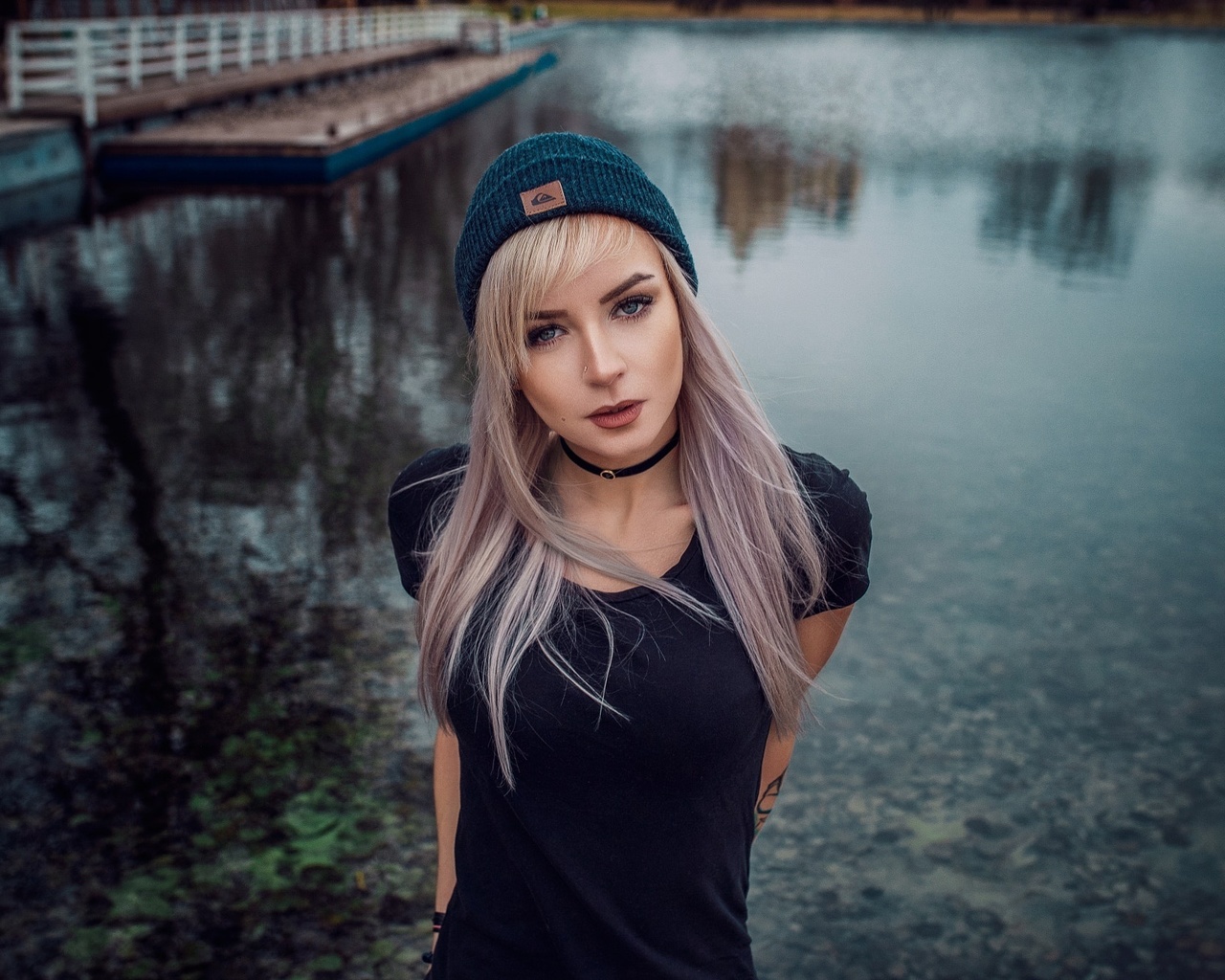 women, portrait, choker, dyed hair, tattoo, water, women outdoors, , , , ,  , , ,   